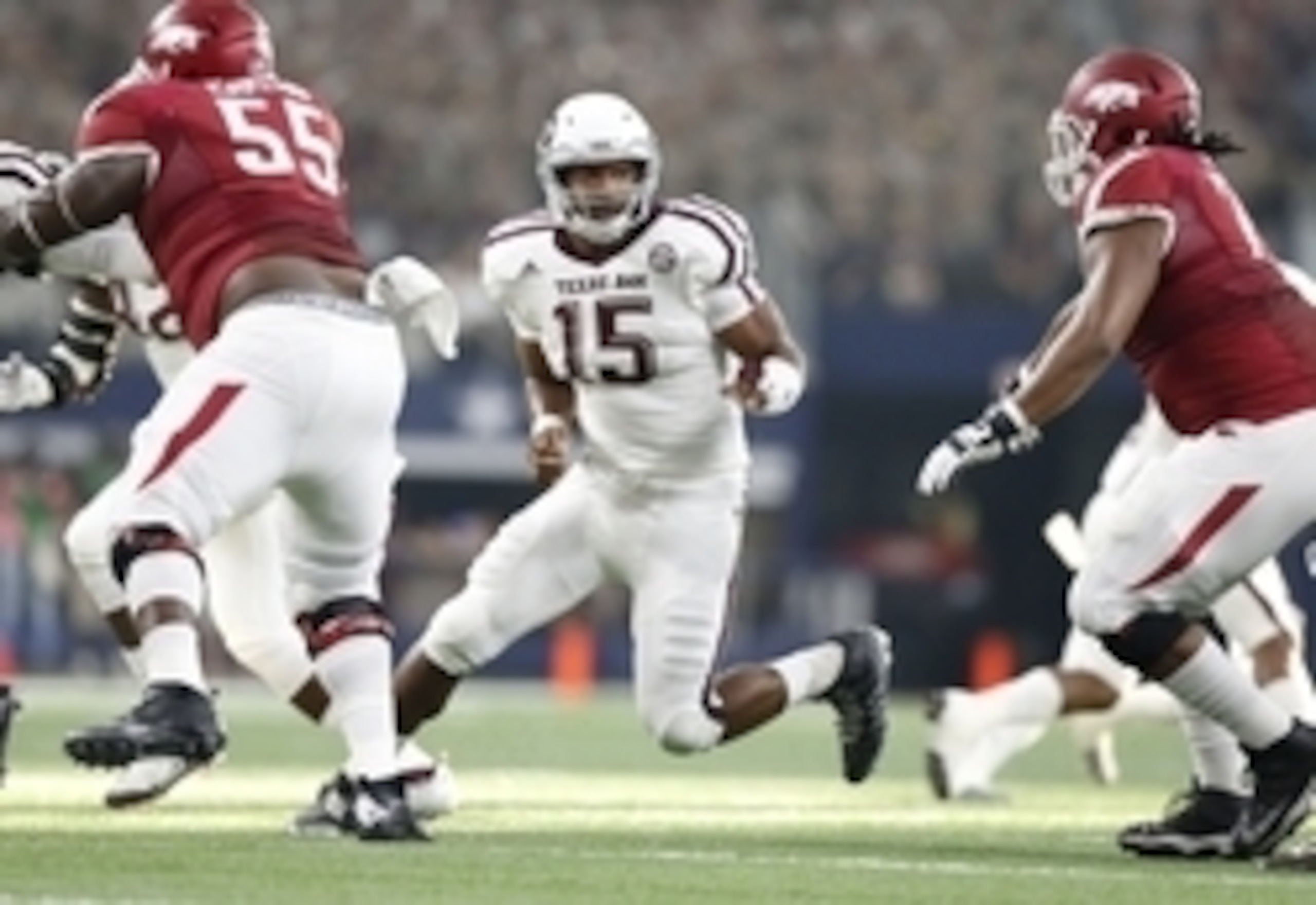 Sep 26, 2015; Arlington, TX, USA; Texas A&M Aggies defensive lineman Myles Garrett (15) in action against the Arkansas Razorbacks at AT&T Stadium. Mandatory Credit: Matthew Emmons-USA TODAY Sports