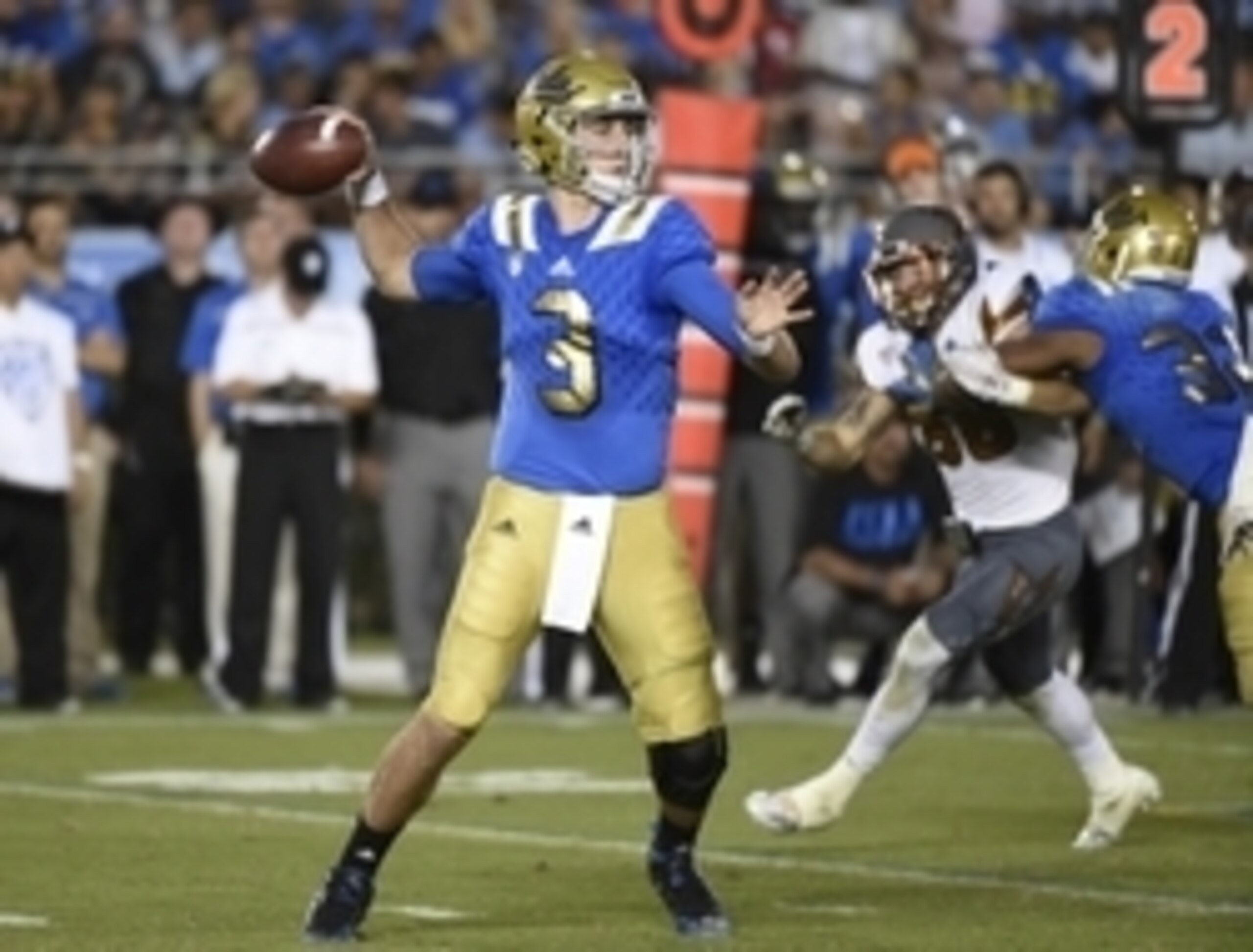 Oct 3, 2015; Pasadena, CA, USA; UCLA Bruins quarterback Josh Rosen (3) throws a pass against the Arizona State Sun Devils during the game at Rose Bowl. Mandatory Credit: Richard Mackson-USA TODAY Sports