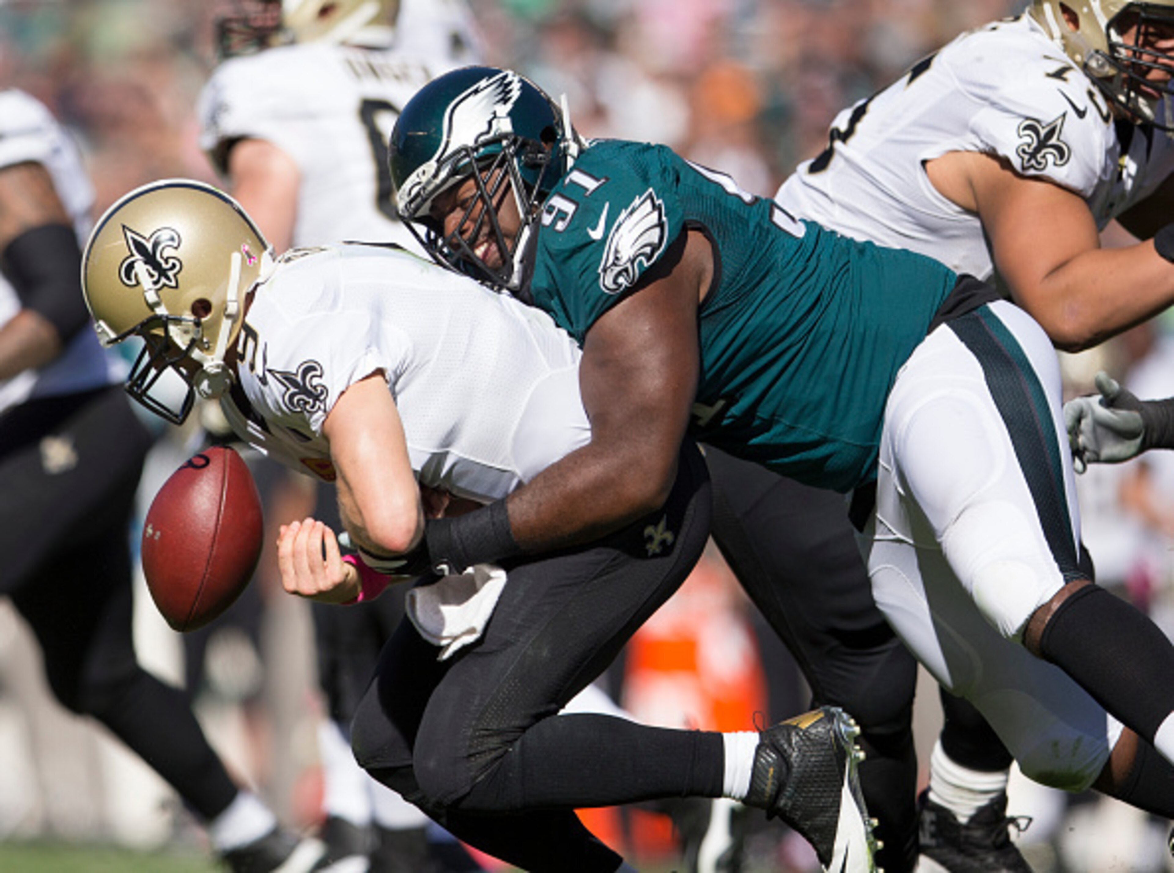 Eagles defensive end Fletcher Cox strips Saints quarterback for the second time in one game.