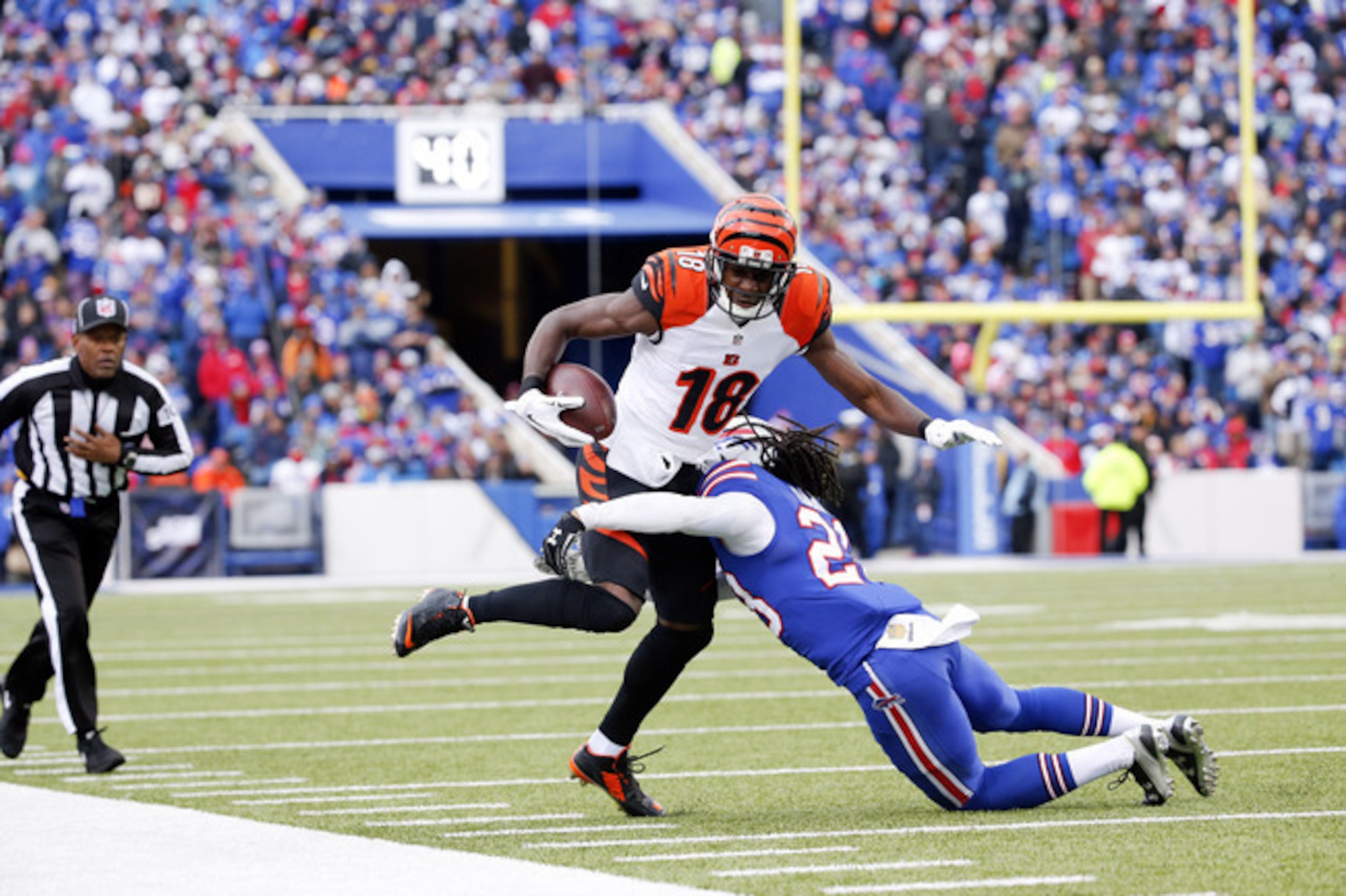 Buffalo cornerback Ronald Darby makes a tackle last week versus the Bengals.