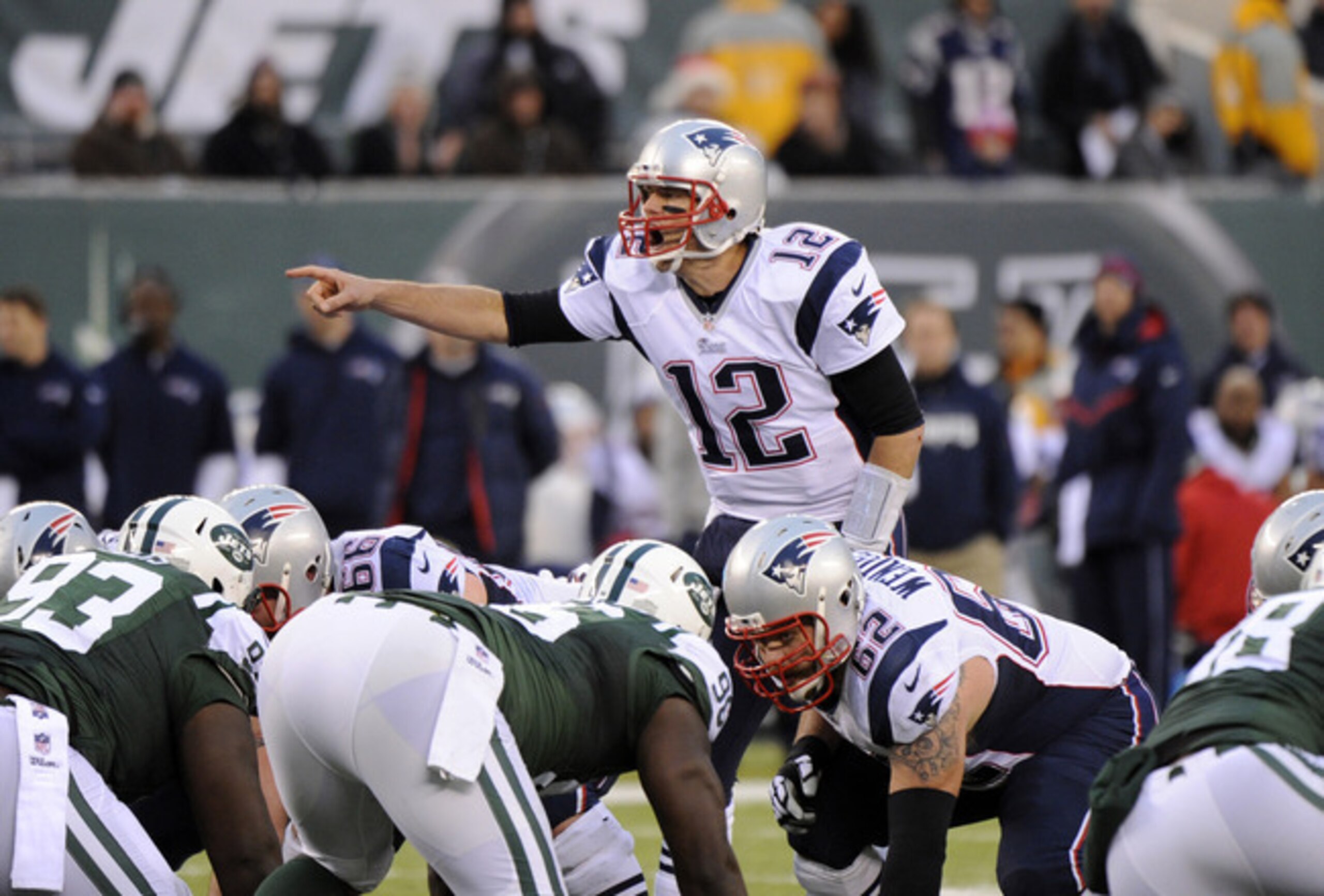 Tom Brady calls out signals against the Jets. Tom Brady calls out signals against the Jets.