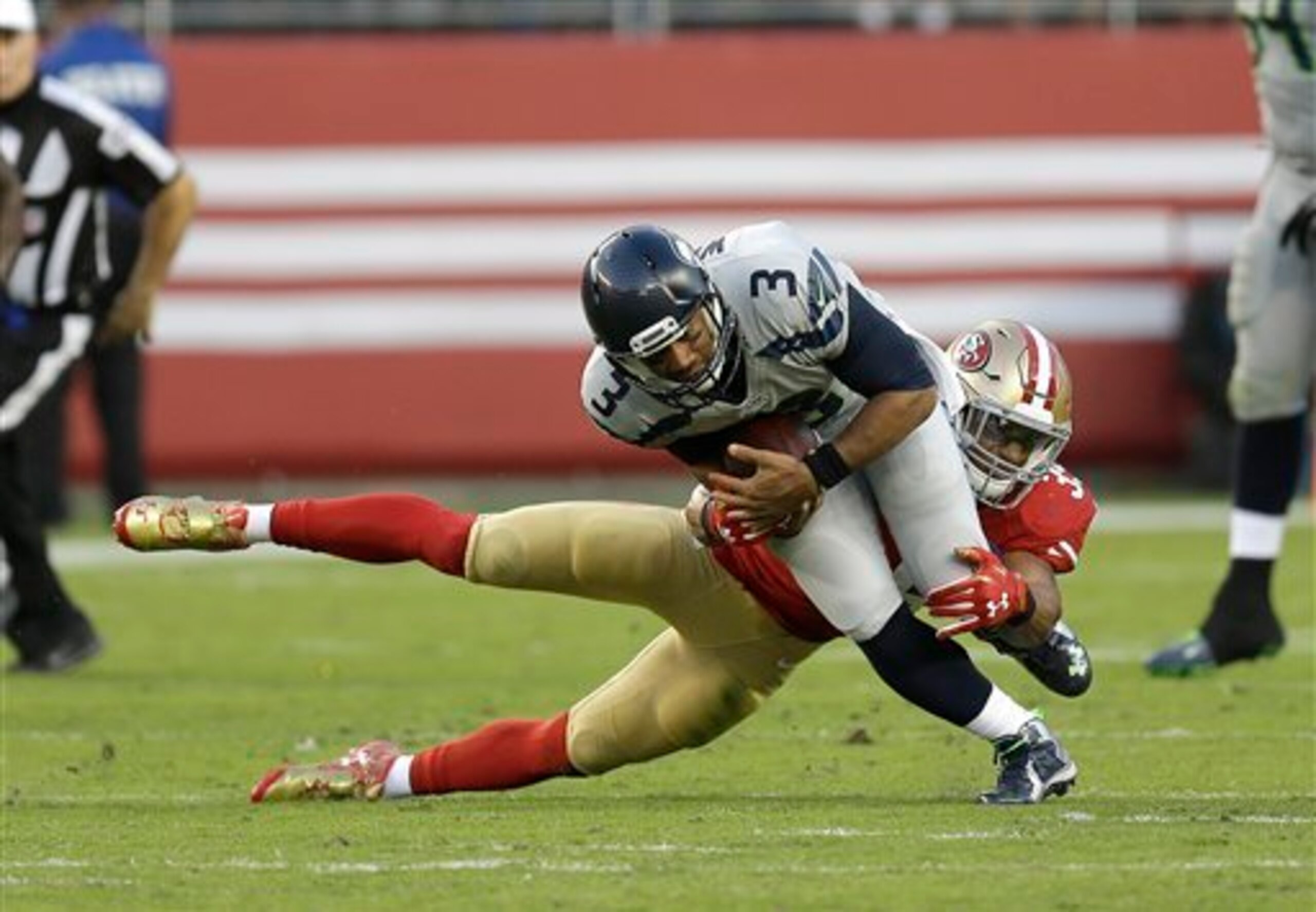 The 49ers defense was able to get to quarterback Russell Wilson five times Thursday.