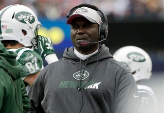 Todd Bowles looks on from the sideline of the Jets matchup with the Patriots.