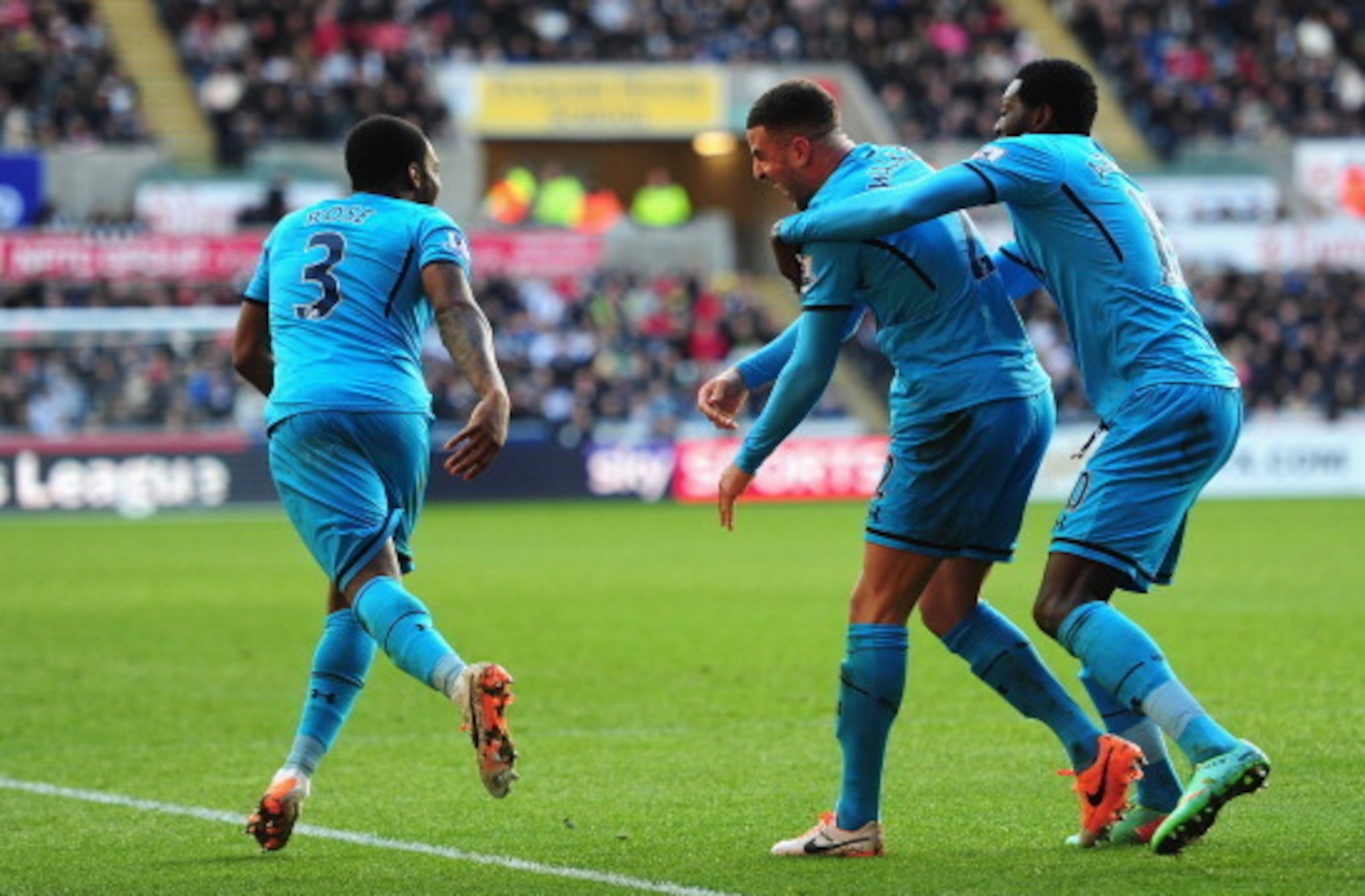 Danny Rose and Kyle Walker celebrate Tottenham's third goal in a 3-1 win over Swansea City in January 2014.