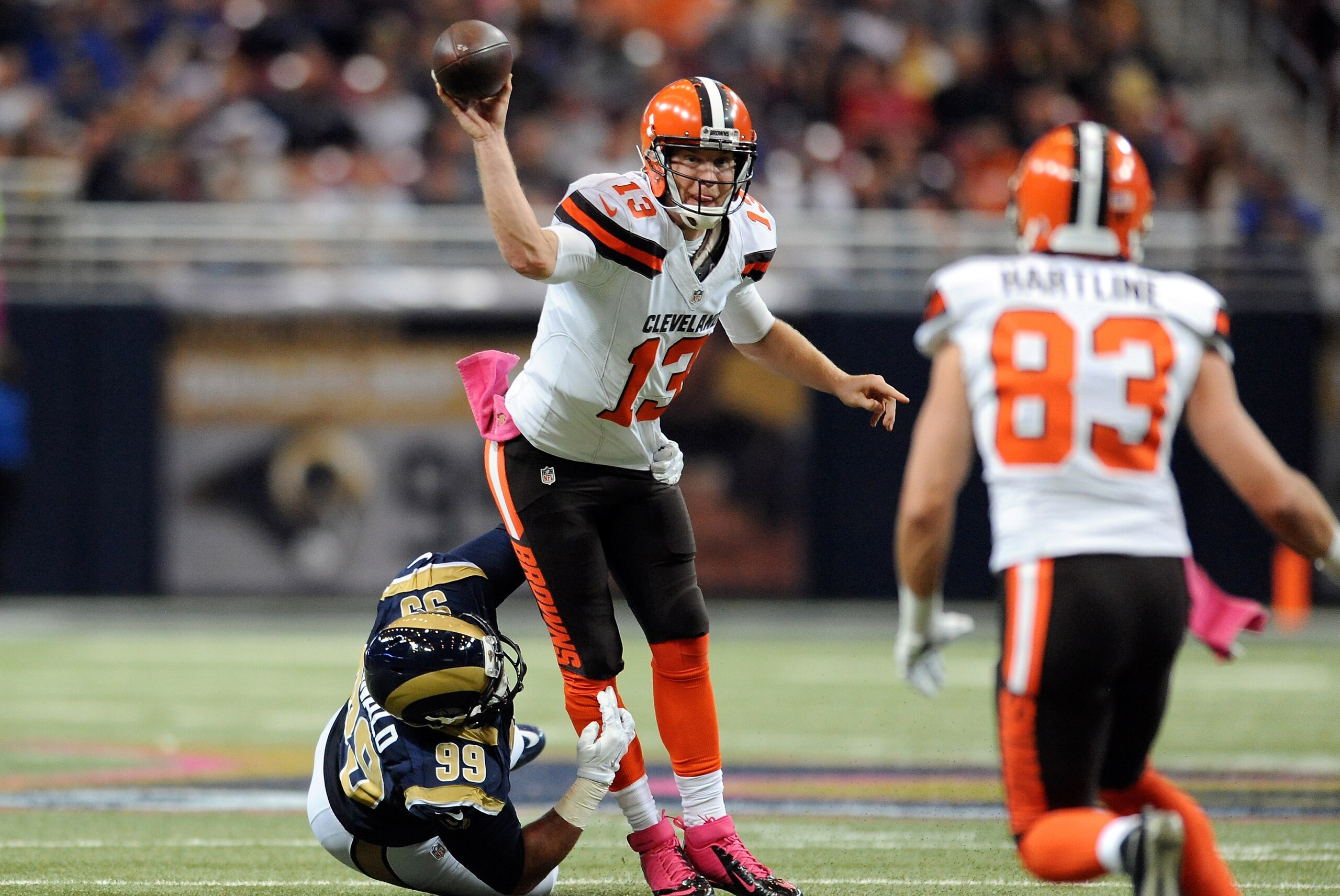 Browns quarterback Josh McCown was under duress all day. What does that say about McCown, the Browns and the Rams' defensive front?
