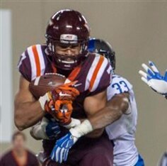 Virginia Tech tight end Bucky Hodges with one of his three touchdown catches vs. Duke last week