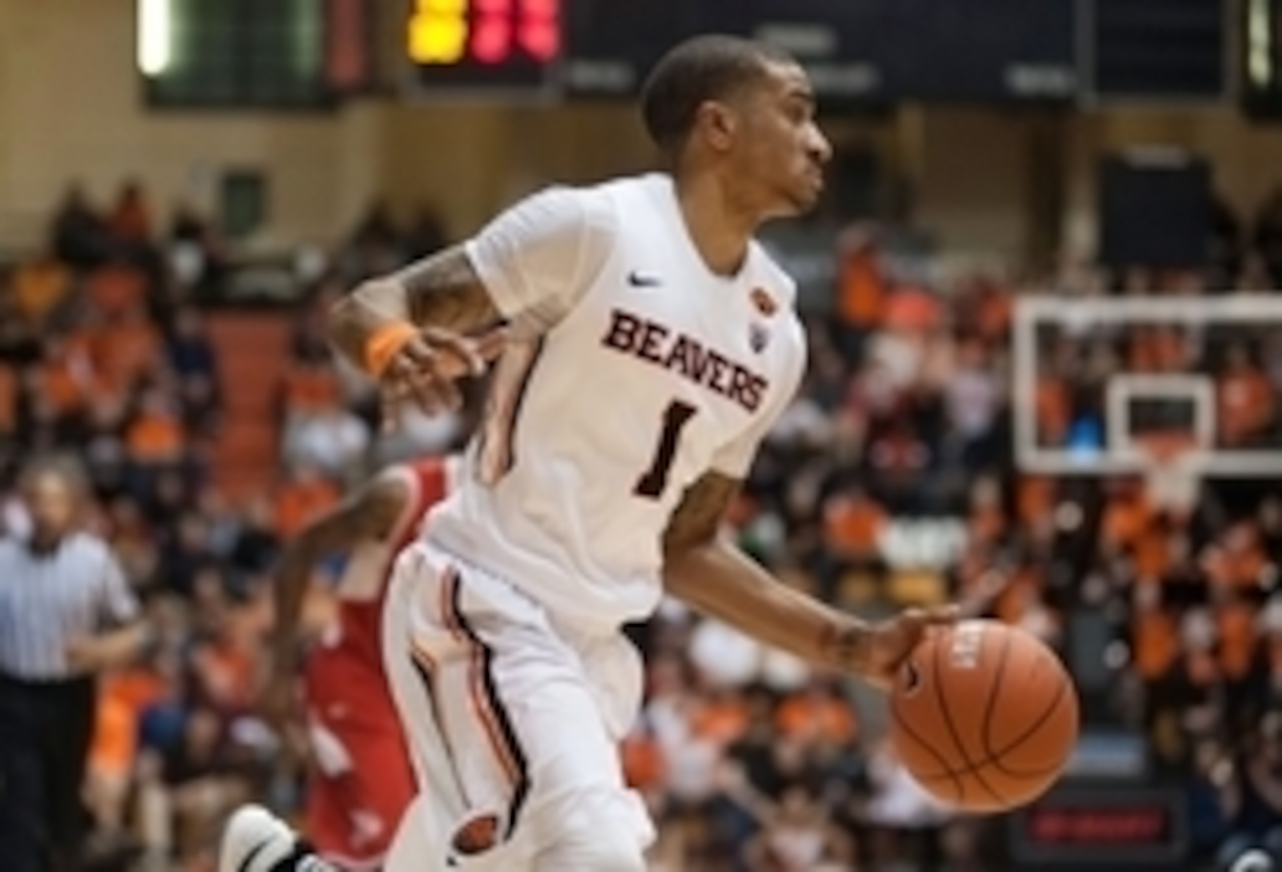 Feb 19, 2015; Corvallis, OR, USA; Oregon State Beavers guard Gary Payton II (1) dribbles the ball during the second half of the game against the Utah Utes at Gill Coliseum. The Utes won 47-37. Mandatory Credit: Godofredo Vasquez-USA TODAY Sports