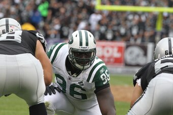 Muhammad Wilkerson awaits the snap in a game against the Oakland Raiders.