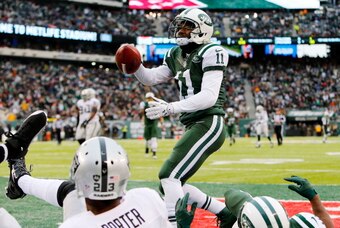 Jets receiver Jeremy Kerley catches a touchdown against the Oakland Raiders.