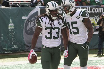 Brandon Marshall (15) celebrates a touchdown by Chris Ivory (33).