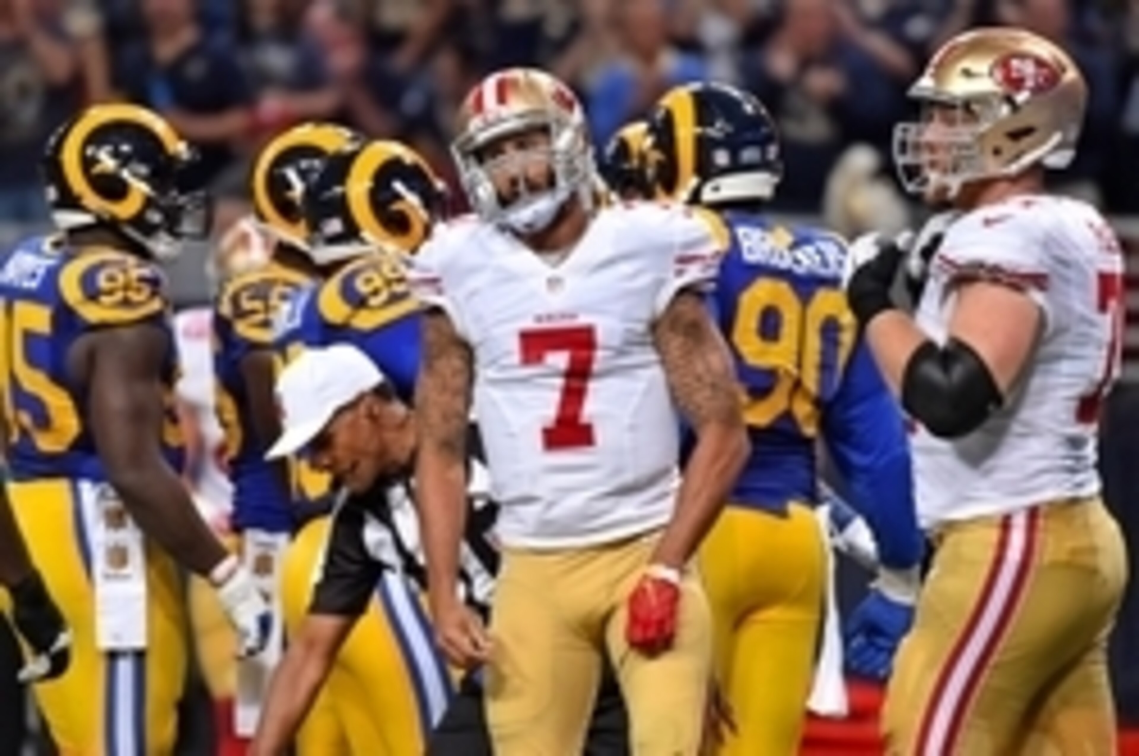Nov 1, 2015; St. Louis, MO, USA; San Francisco 49ers quarterback Colin Kaepernick (7) reacts from the field against the St. Louis Rams during the first half at the Edward Jones Dome. Mandatory Credit: Jasen Vinlove-USA TODAY Sports Nov 1, 2015; St. Louis, MO, USA; San Francisco 49ers quarterback Colin Kaepernick (7) reacts from the field against the St. Louis Rams during the first half at the Edward Jones Dome. Mandatory Credit: Jasen Vinlove-USA TODAY Sports