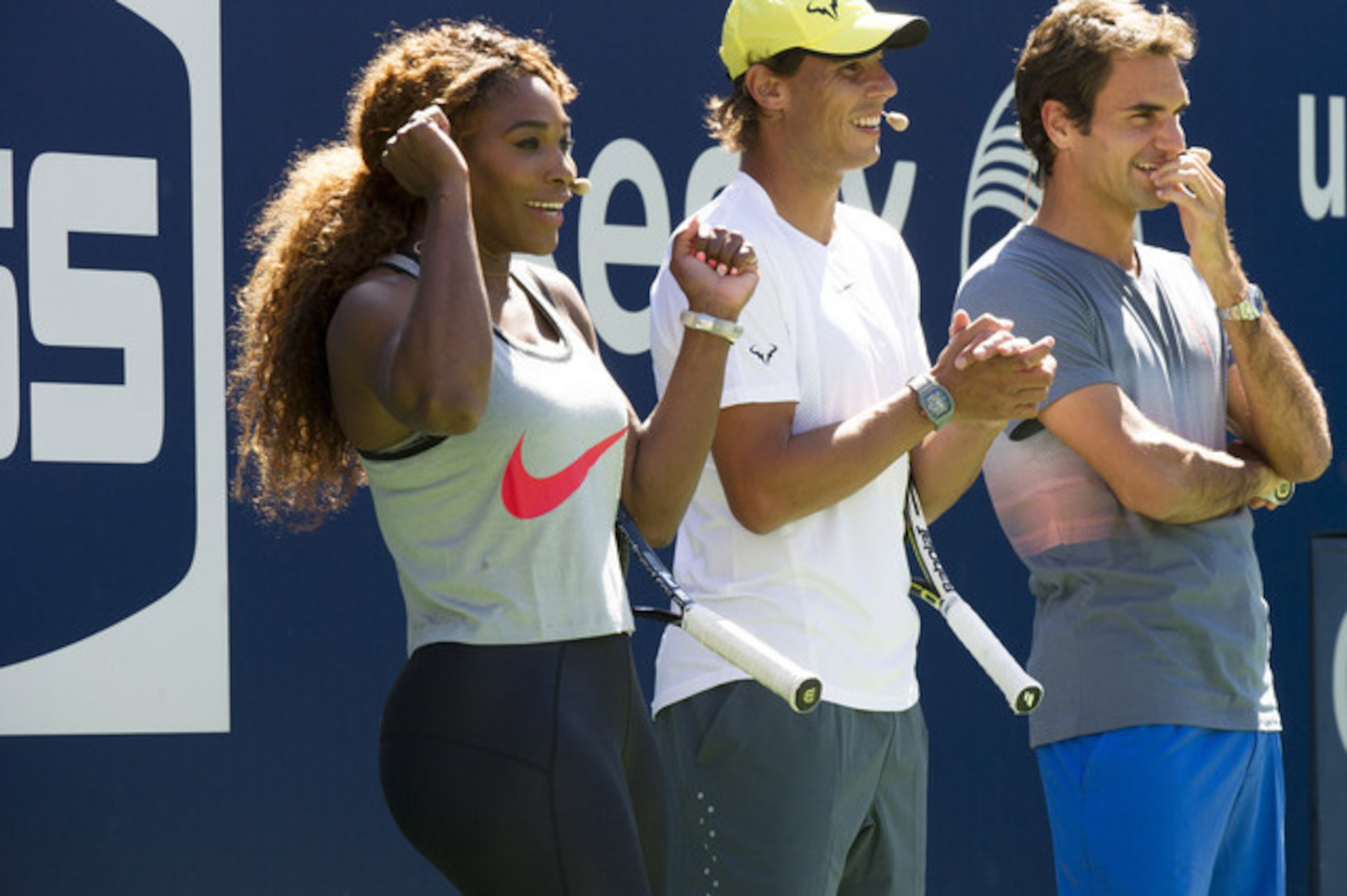 Serena Williams, Rafael Nadal and Roger Federer at kid's day exhibition at 2013 U.S. Open. Serena Williams, Rafael Nadal and Roger Federer at kid's day exhibition at 2013 U.S. Open.
