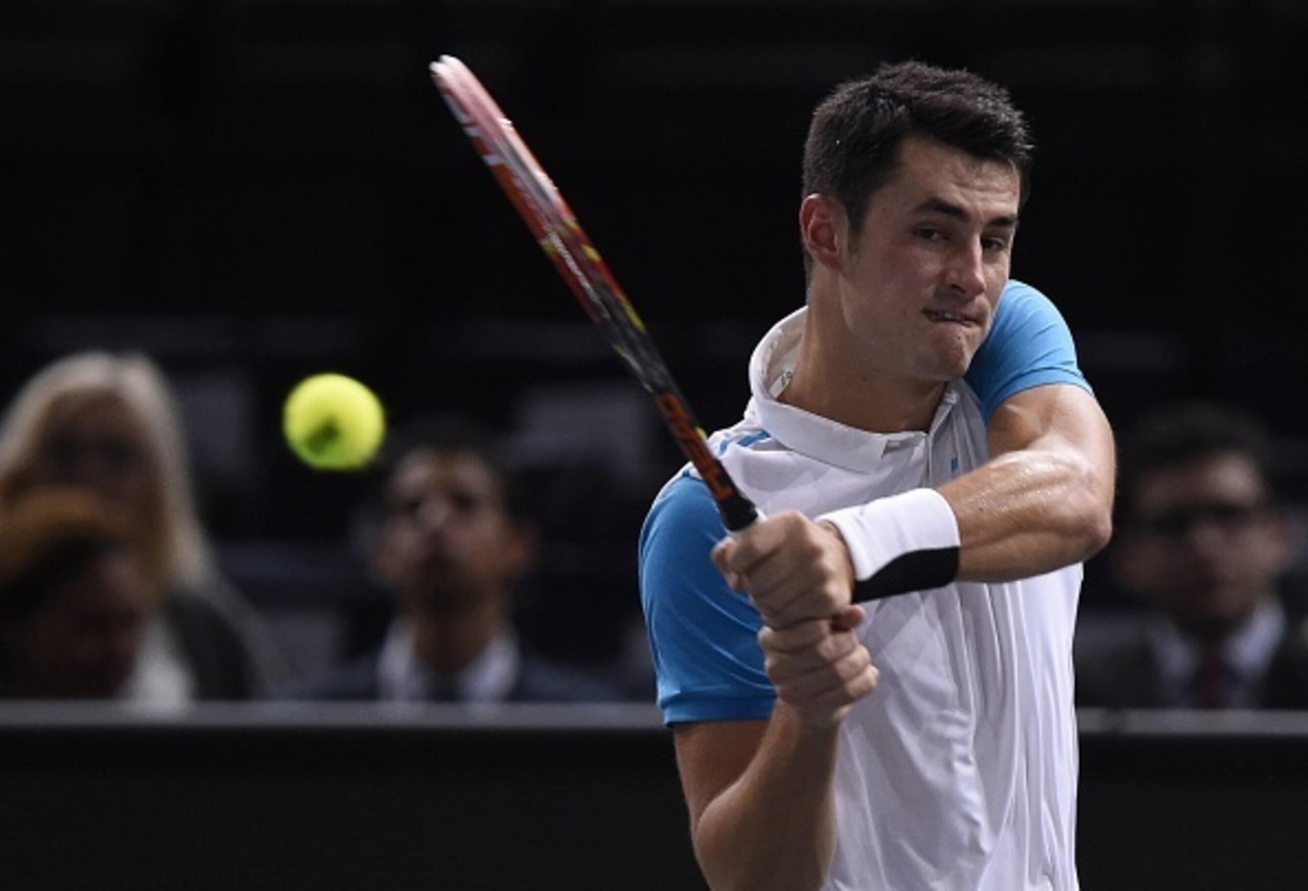 Bernard Tomic hits a backhand at the Paris Indoors. Bernard Tomic hits a backhand at the Paris Indoors.