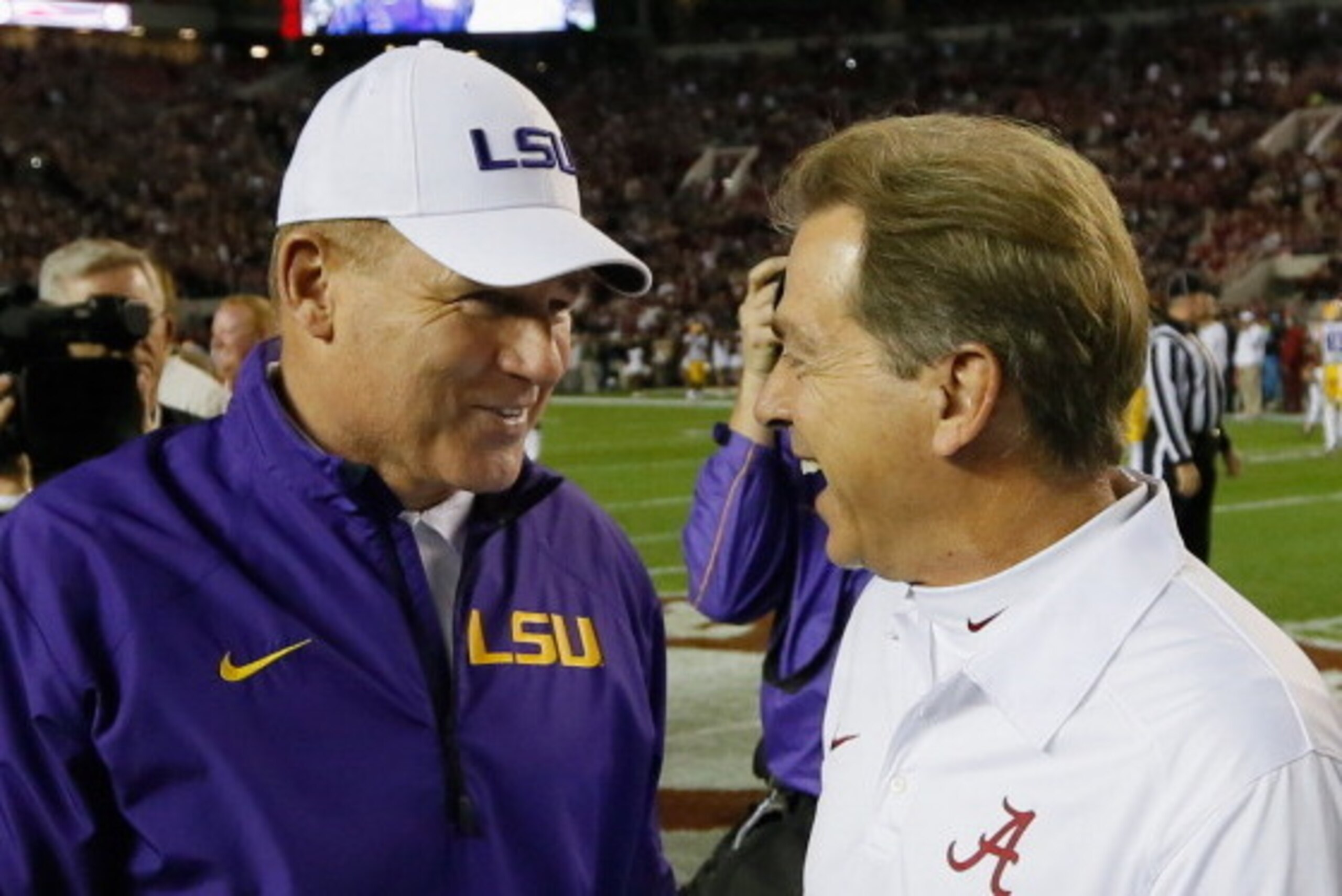 Even Les Miles and Nick Saban seem to enjoy it when LSU and Alabama meet on a field.