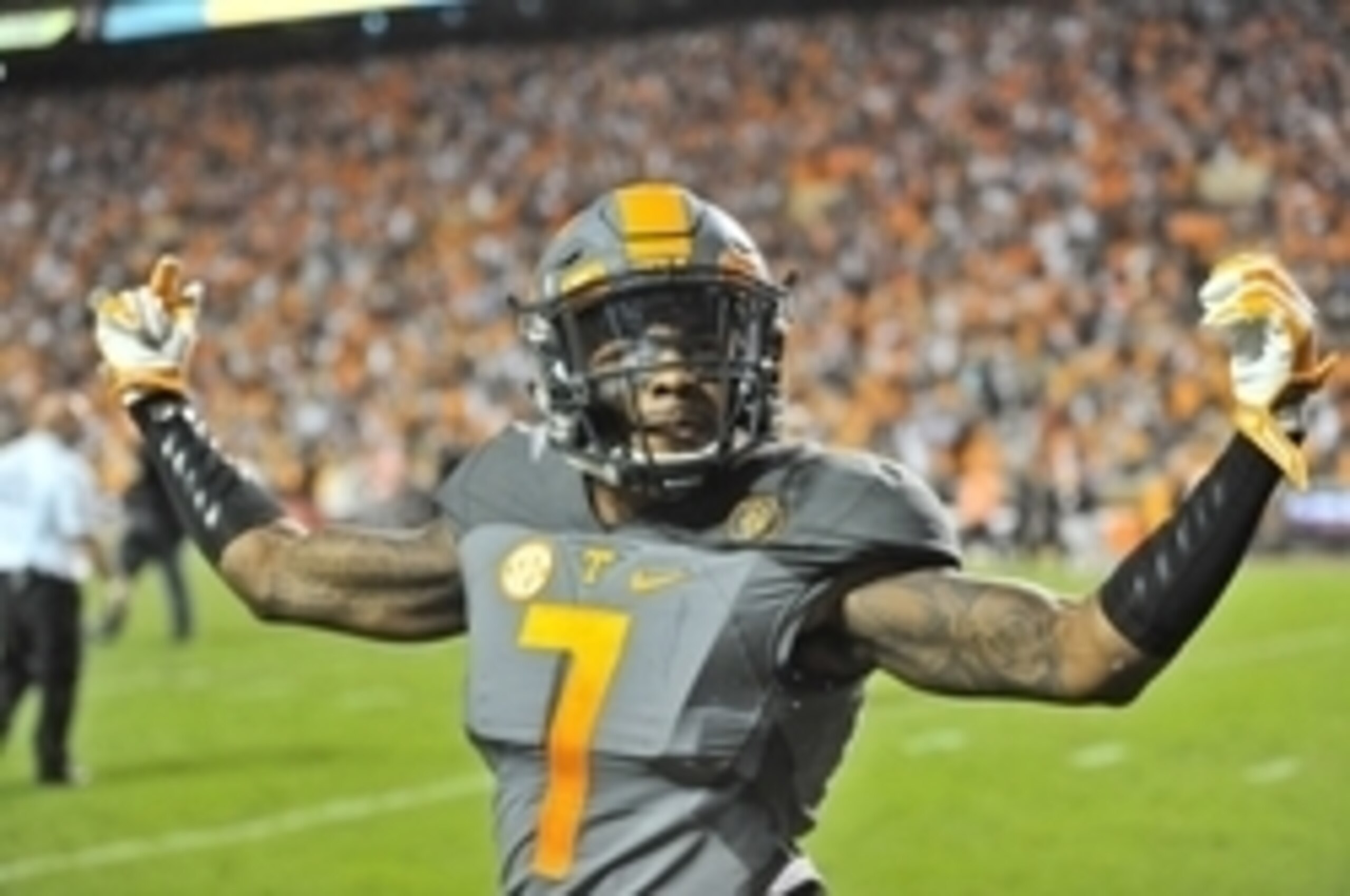 Oct 10, 2015; Knoxville, TN, USA; Tennessee Volunteers defensive back Cameron Sutton (7) celebrates after defeating the Georgia Bulldogs during the second half at Neyland Stadium. Tennessee won 38-31. Mandatory Credit: Jim Brown-USA TODAY Sports
