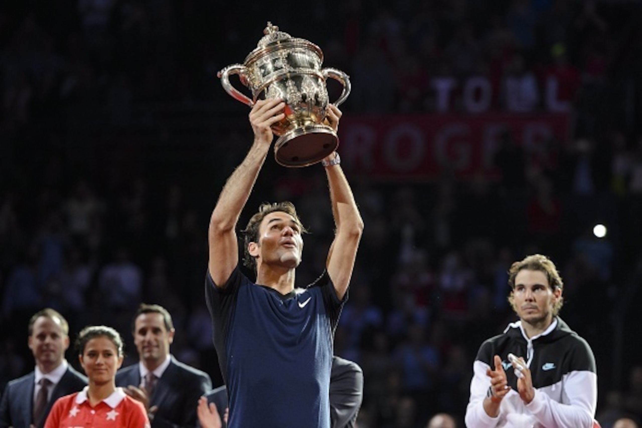 Roger Federer celebrates his win over Rafael Nadal at the 2015 Swiss indoor tournament in Basel.