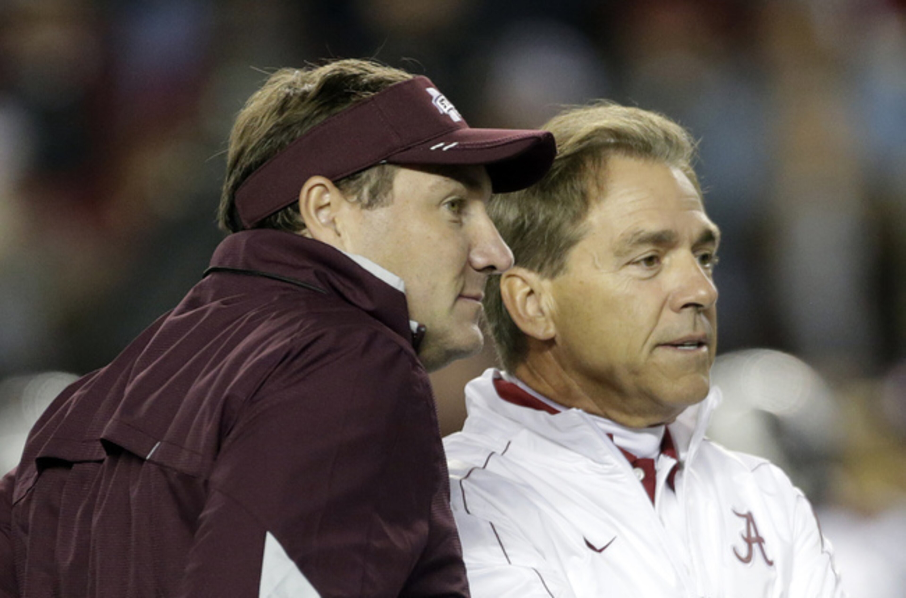 Dan Mullen, left, is still looking for his first win against Nick Saban and Alabama as a head coach.
