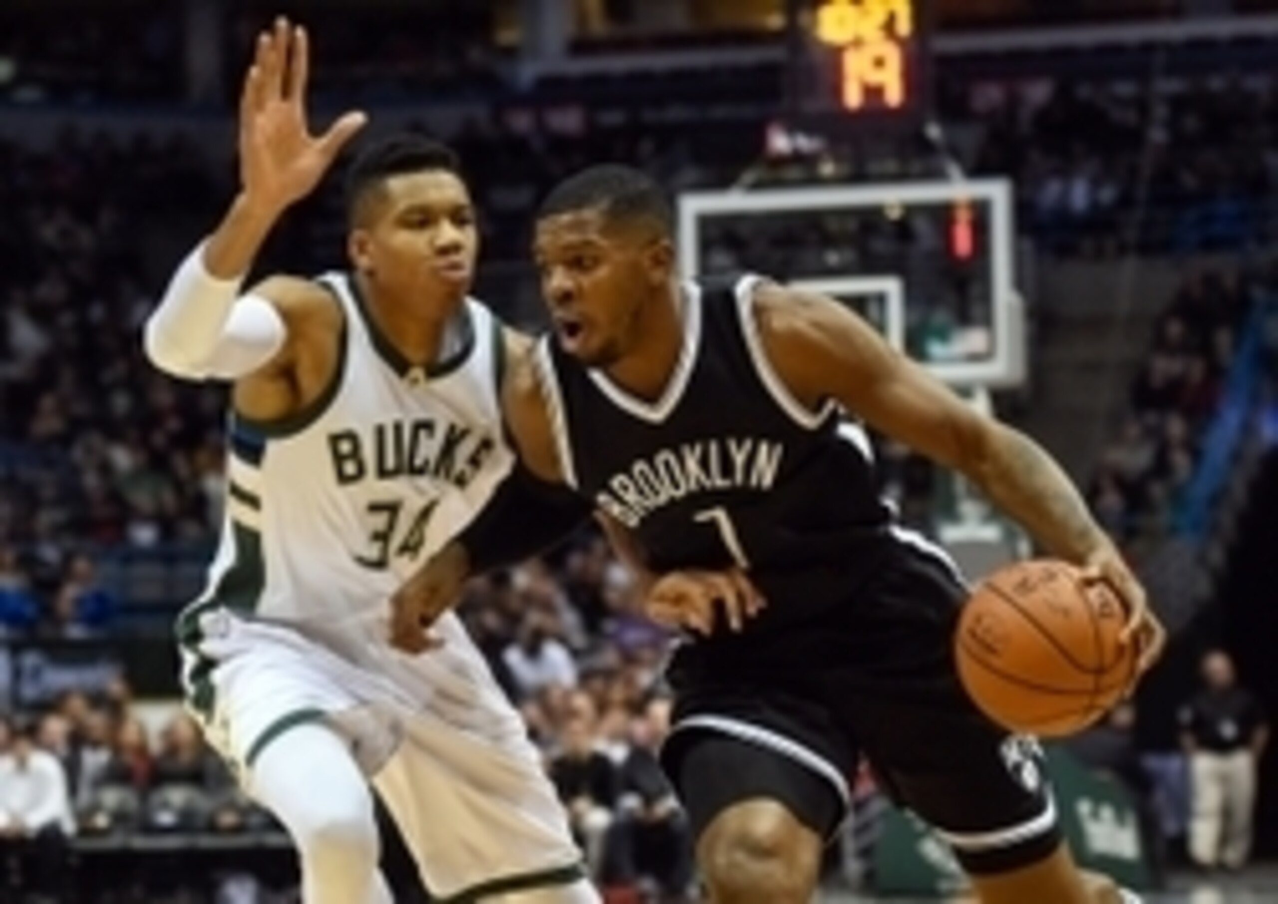 Nov 7, 2015; Milwaukee, WI, USA; Brooklyn Nets forward Joe Johnson (7) drives for the basket against Milwaukee Bucks forward Giannis Antetokounmpo (34) in the first quarter at BMO Harris Bradley Center. Mandatory Credit: Benny Sieu-USA TODAY Sports