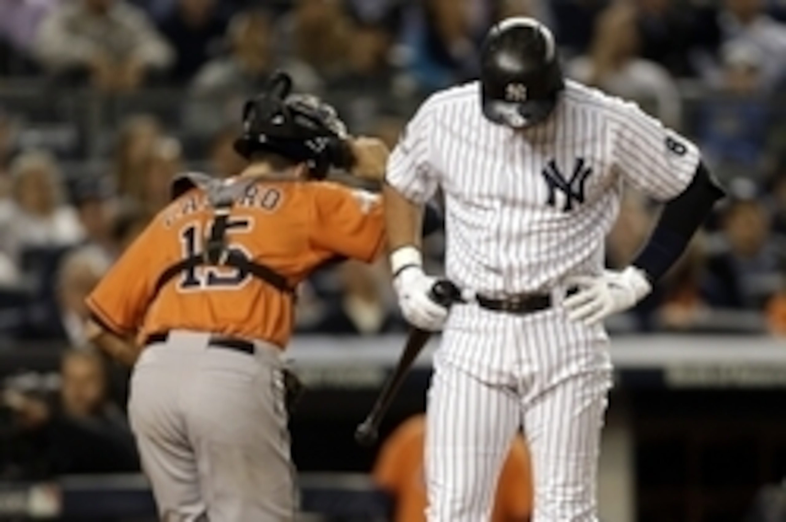 Oct 6, 2015; Bronx, NY, USA; New York Yankees designated hitter Alex Rodriguez (13) reacts after striking out to end the first inning against the Houston Astros in the American League Wild Card playoff baseball game at Yankee Stadium. Mandatory Credit: Ad