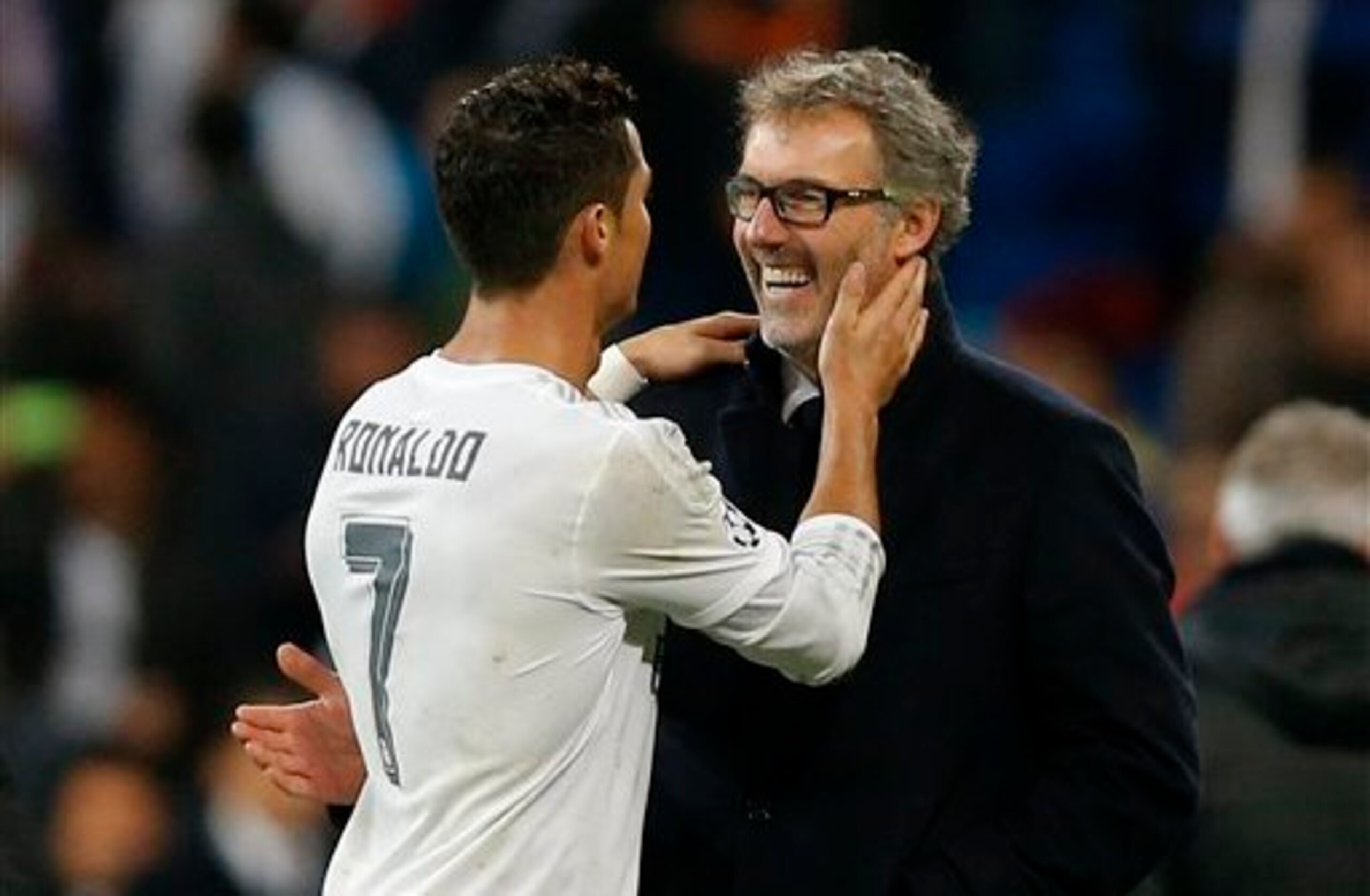 Cristiano Ronaldo, Real Madrid. Pictured with Paris Saint-Germain manager, Laurent Blanc.