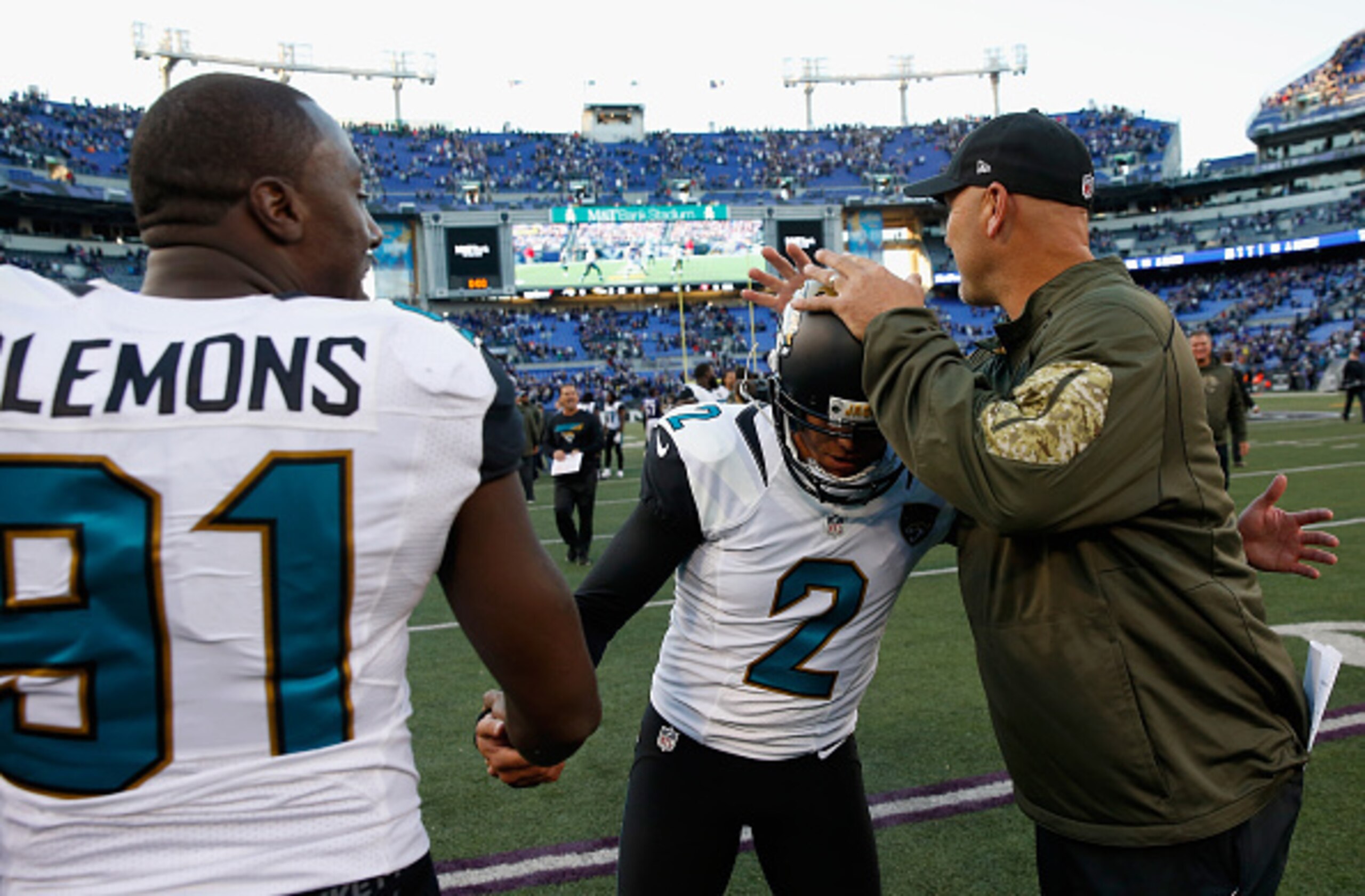 Gus Bradley celebrates with kicker Jason Myers. Gus Bradley celebrates with kicker Jason Myers.