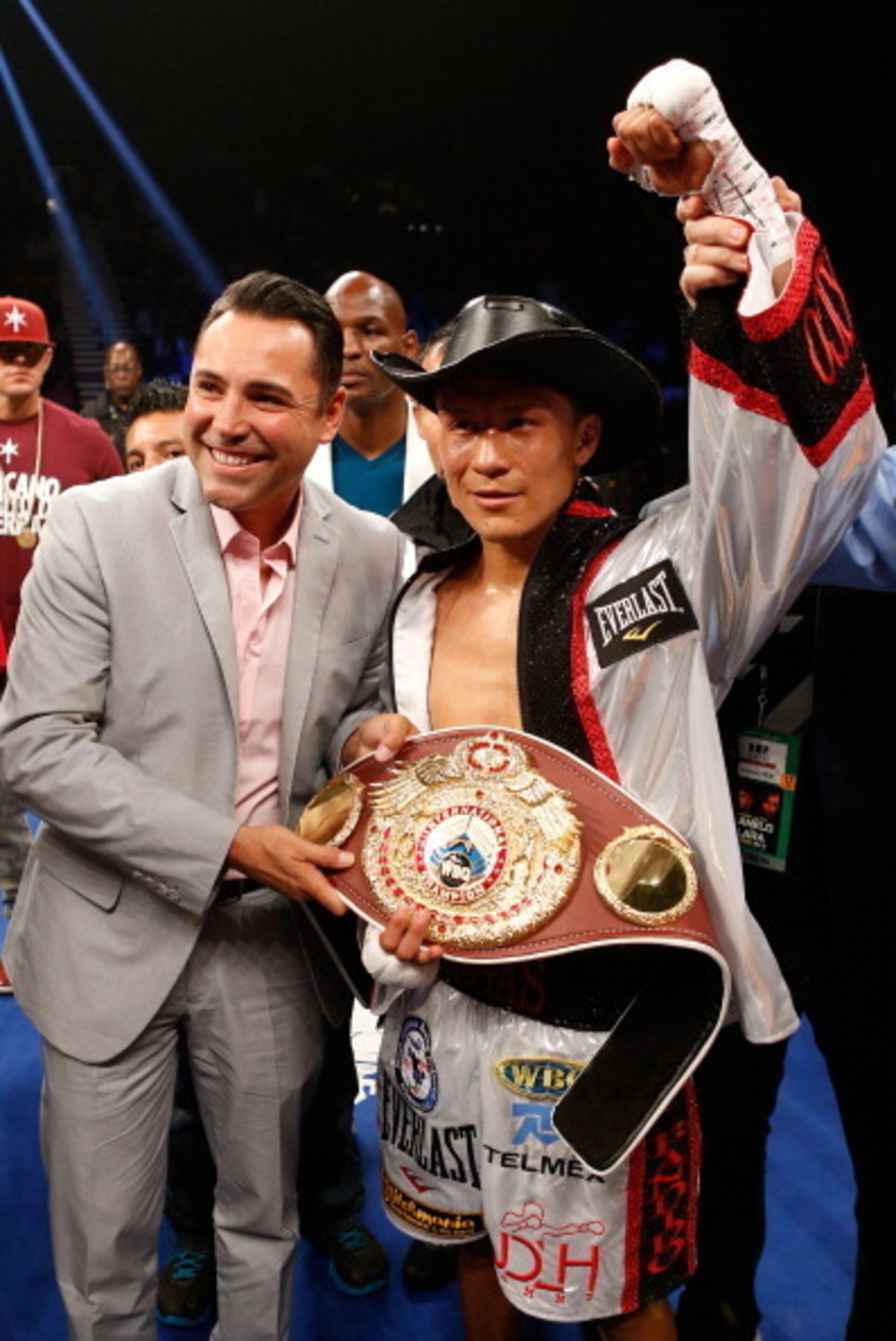 LAS VEGAS, NV - JULY 12:  Francisco Vargas poses with President of Golden Boy Promotions Oscar De La Hoya after his TKO victory over Juan Manuel Lopez during their super featherweight bout at the MGM Grand Garden Arena on July 12, 2014 in Las Vegas, Nevad