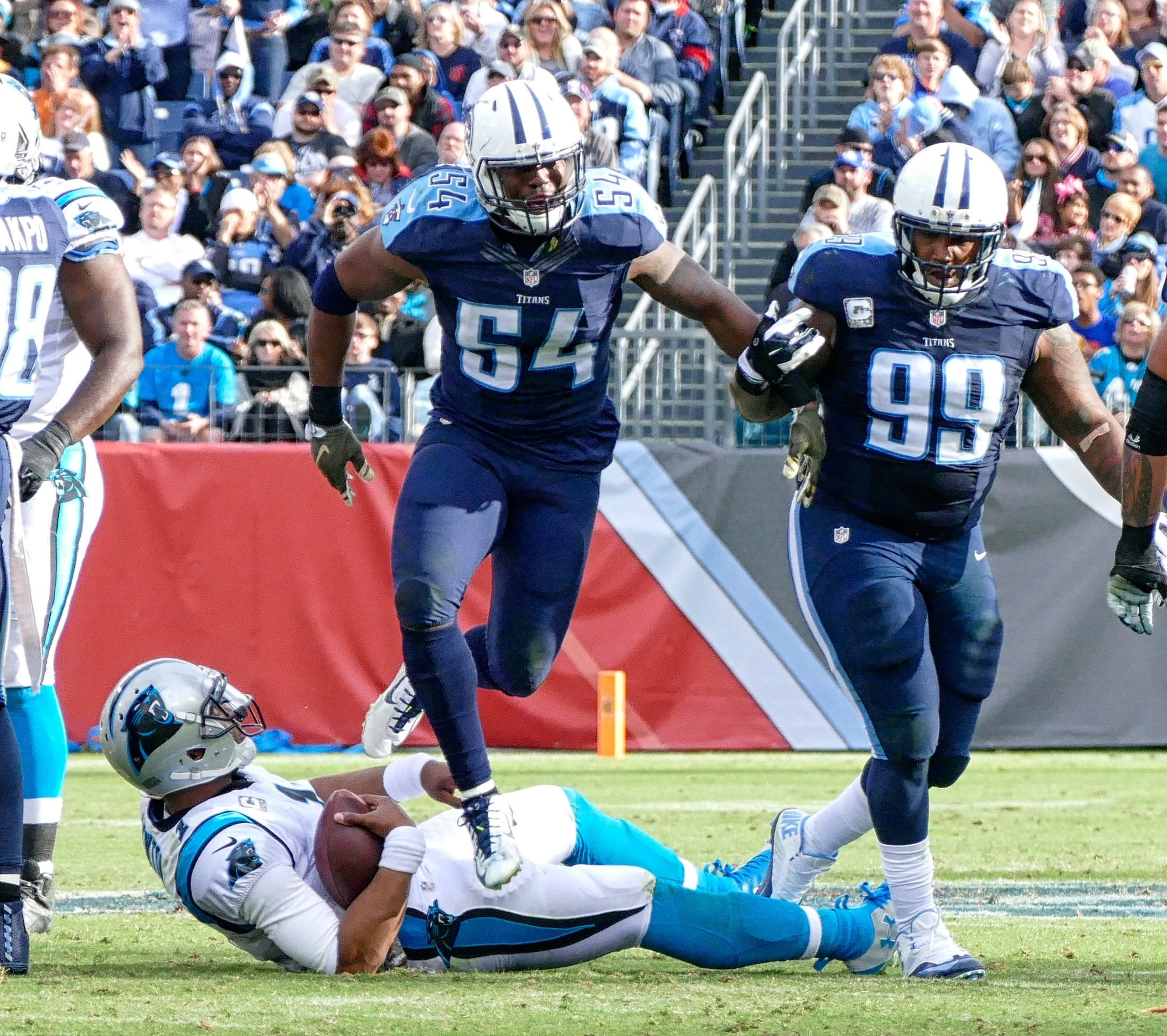 The Titans got to Cam Newton quite frequently.