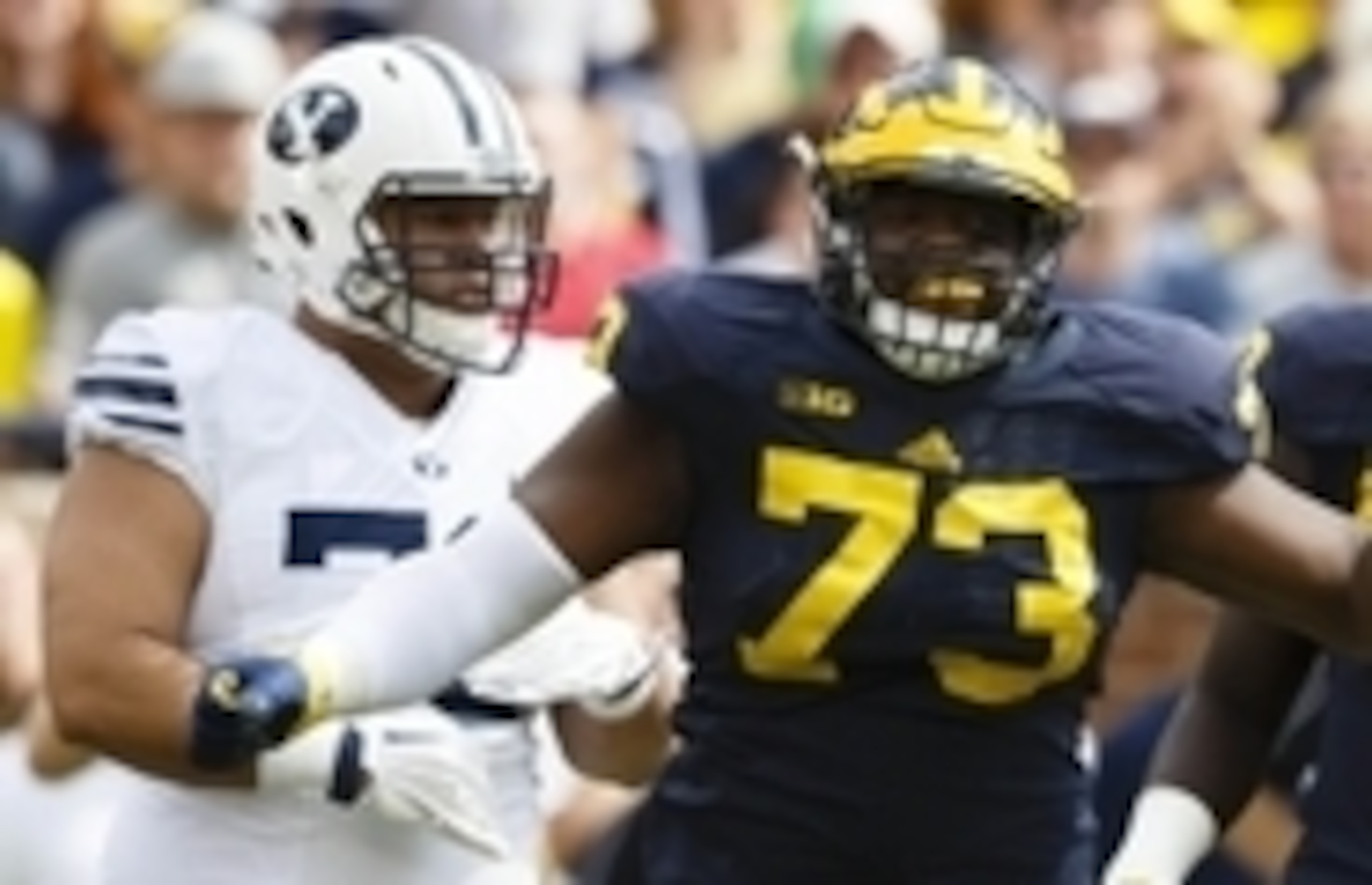 Sep 26, 2015; Ann Arbor, MI, USA; Michigan Wolverines defensive tackle Maurice Hurst (73) celebrates a sack of Brigham Young Cougars quarterback Tanner Mangum (not pictured) in the second quarter at Michigan Stadium. Mandatory Credit: Rick Osentoski-USA T