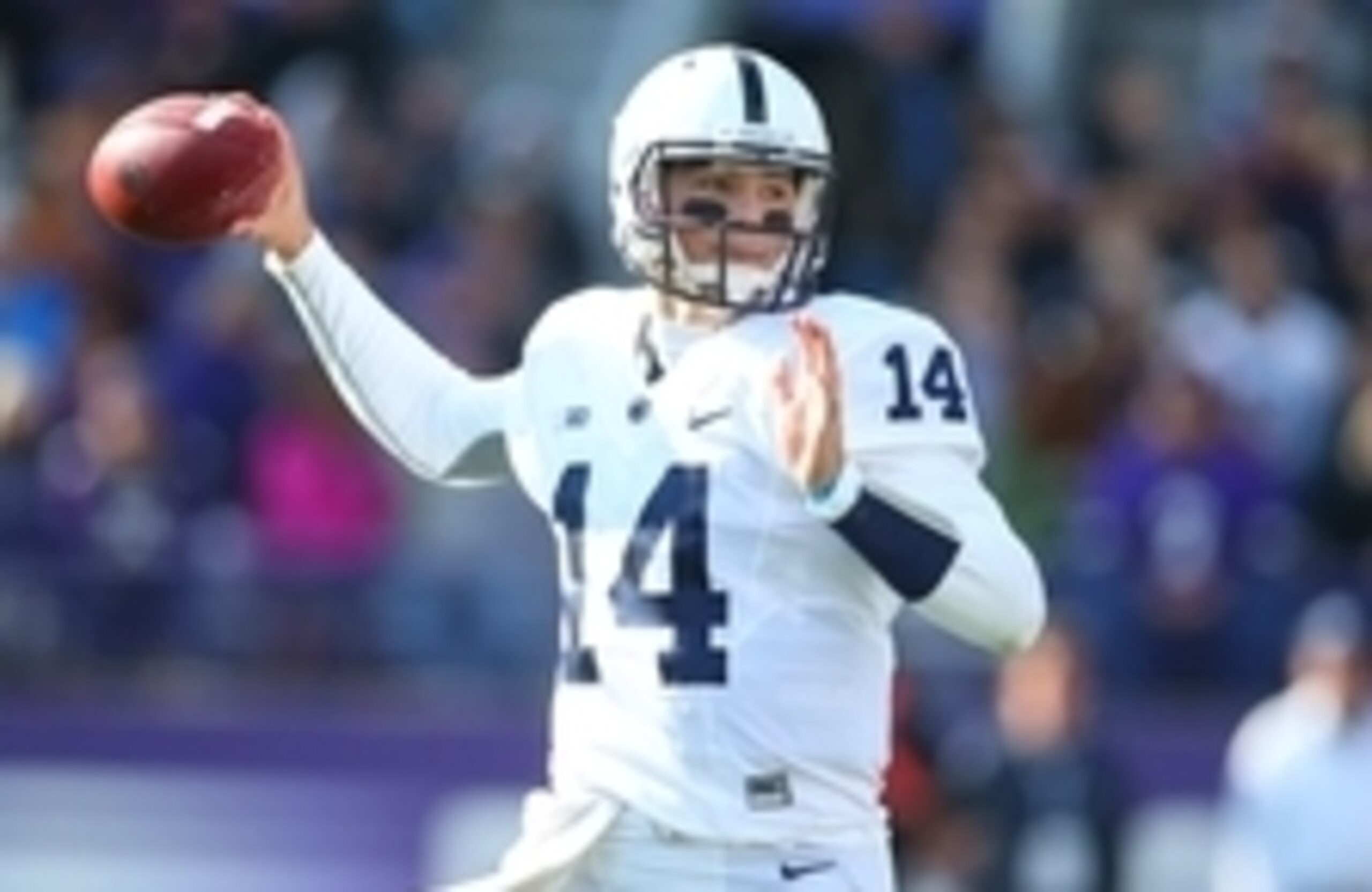 Nov 7, 2015; Evanston, IL, USA; Penn State Nittany Lions quarterback Christian Hackenberg (14) drops back to pass during the second half of the game against the Northwestern Wildcats at Ryan Field. Mandatory Credit: Caylor Arnold-USA TODAY Sports