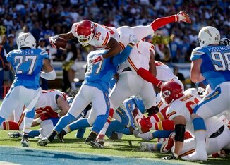 Running back Charcandrick West (No. 35) is day-to-day with a hamstring injury.