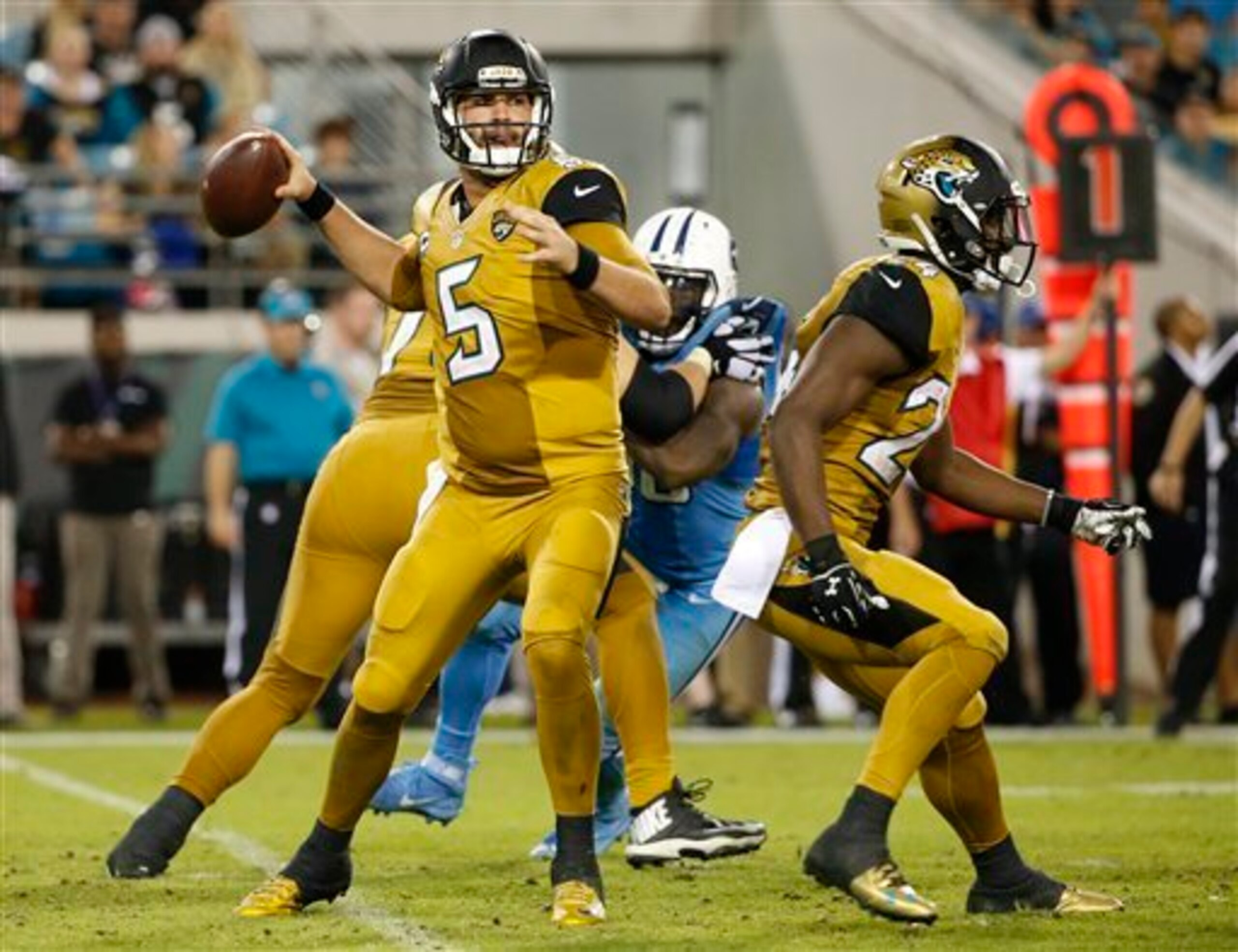 Blake Bortles gets ready to throw in a funky jersey.