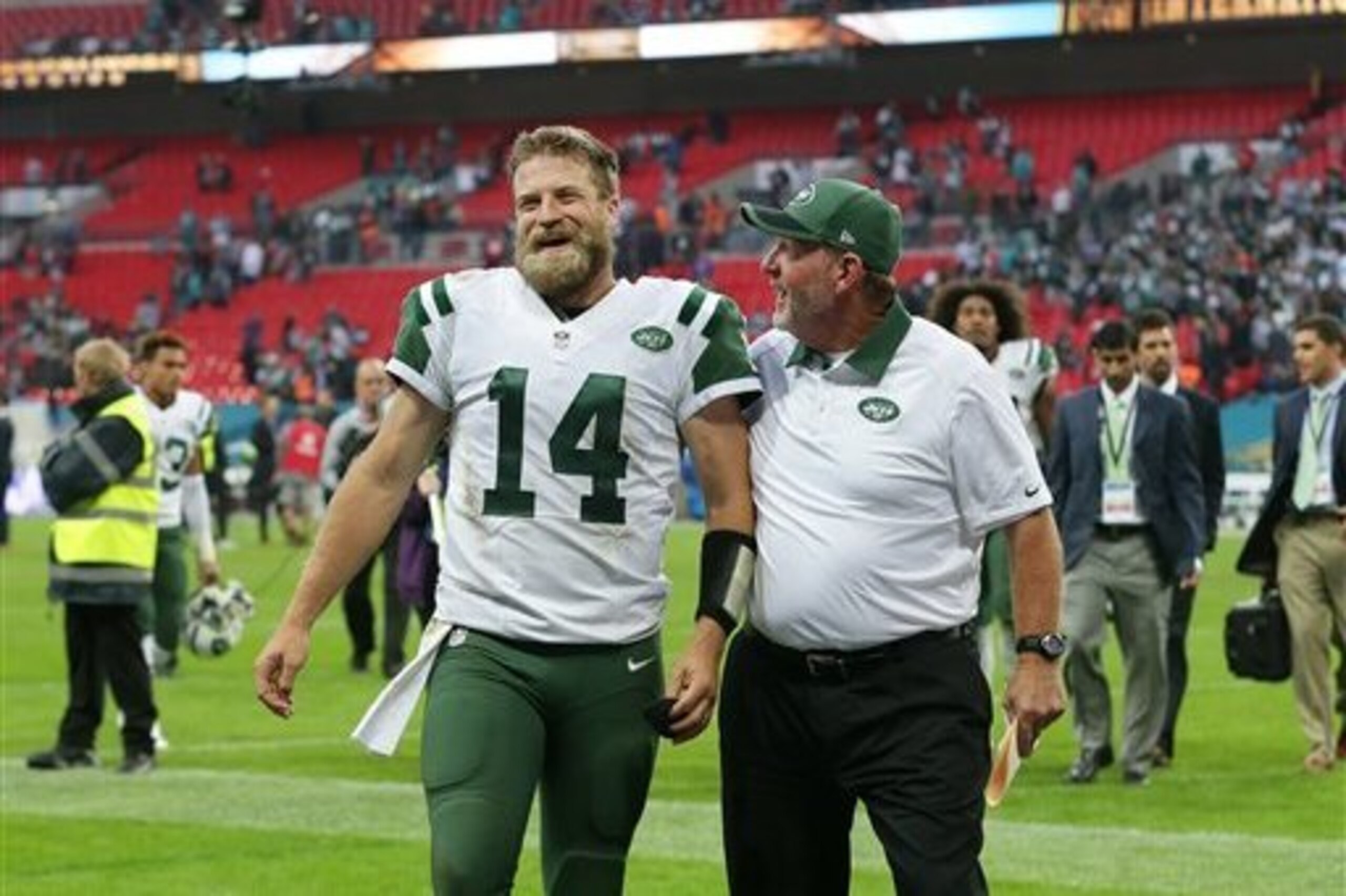 Ryan Fitzpatrick leaves the field after a Jets victory over the Dolphins earlier this year.