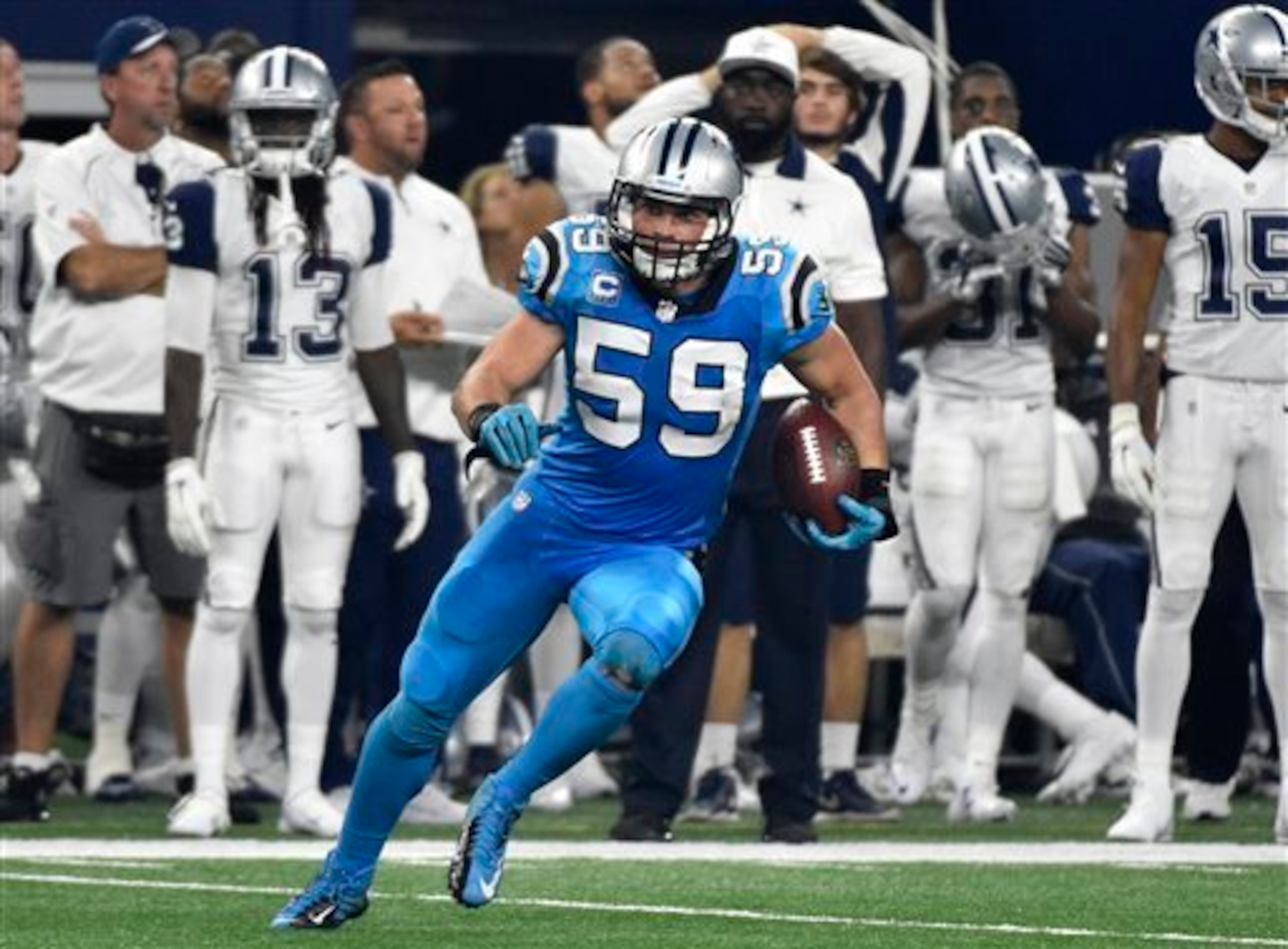 Luke Kuechly had never scored an NFL touchdown before. Luke Kuechly had never scored an NFL touchdown before.