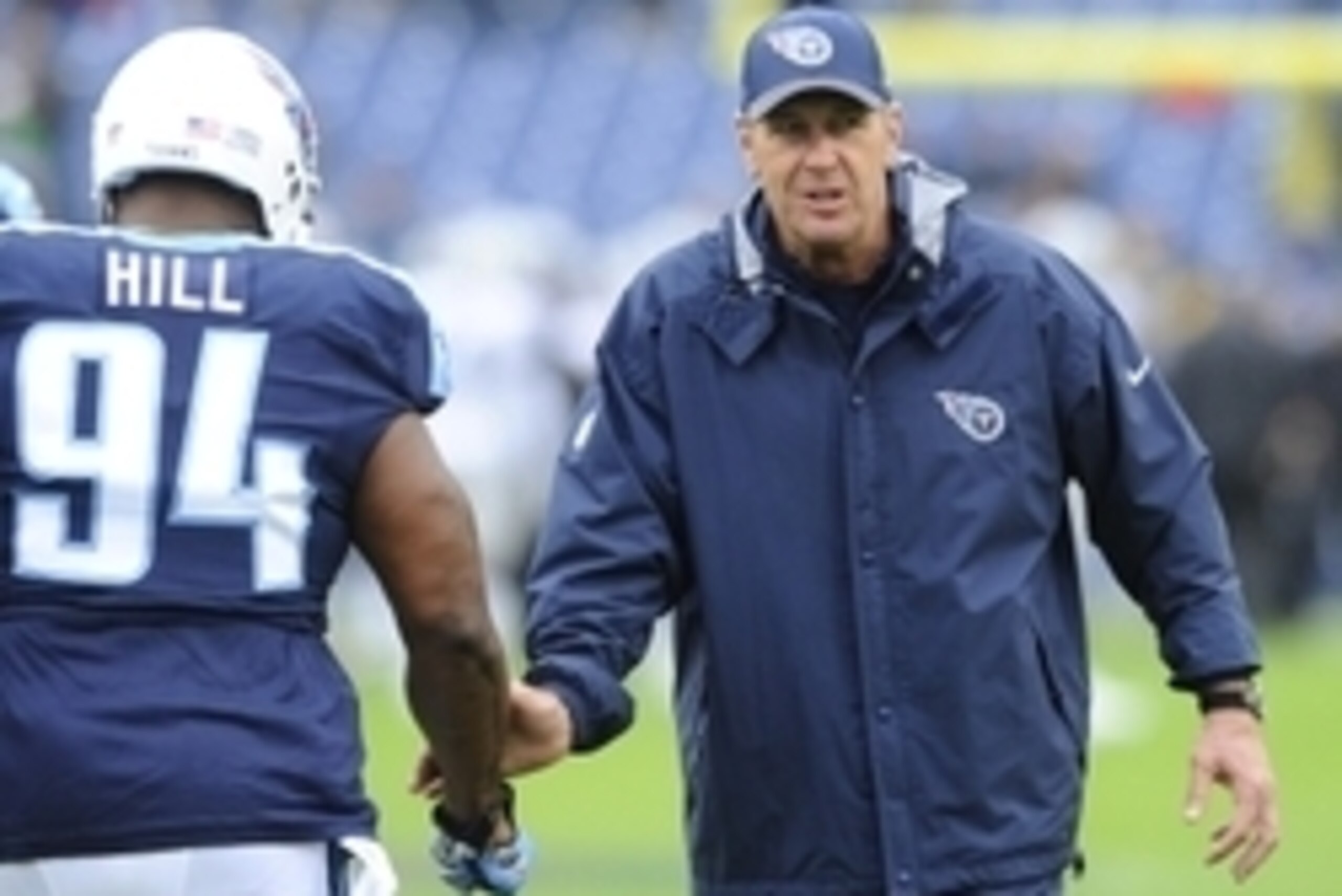 Nov 29, 2015; Nashville, TN, USA; Tennessee Titans interim head coach Mike Mularkey (R) looks on prior to the game against the Oakland Raiders at Nissan Stadium. Mandatory Credit: Christopher Hanewinckel-USA TODAY Sports