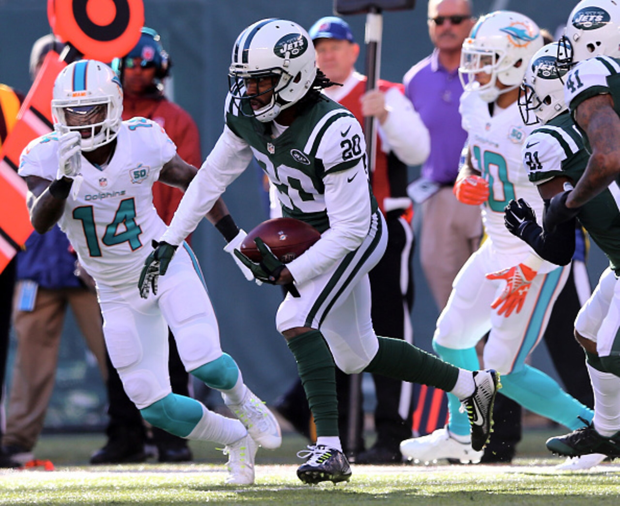 Marcus Williams returns an interception against the Dolphins. Marcus Williams returns an interception against the Dolphins.