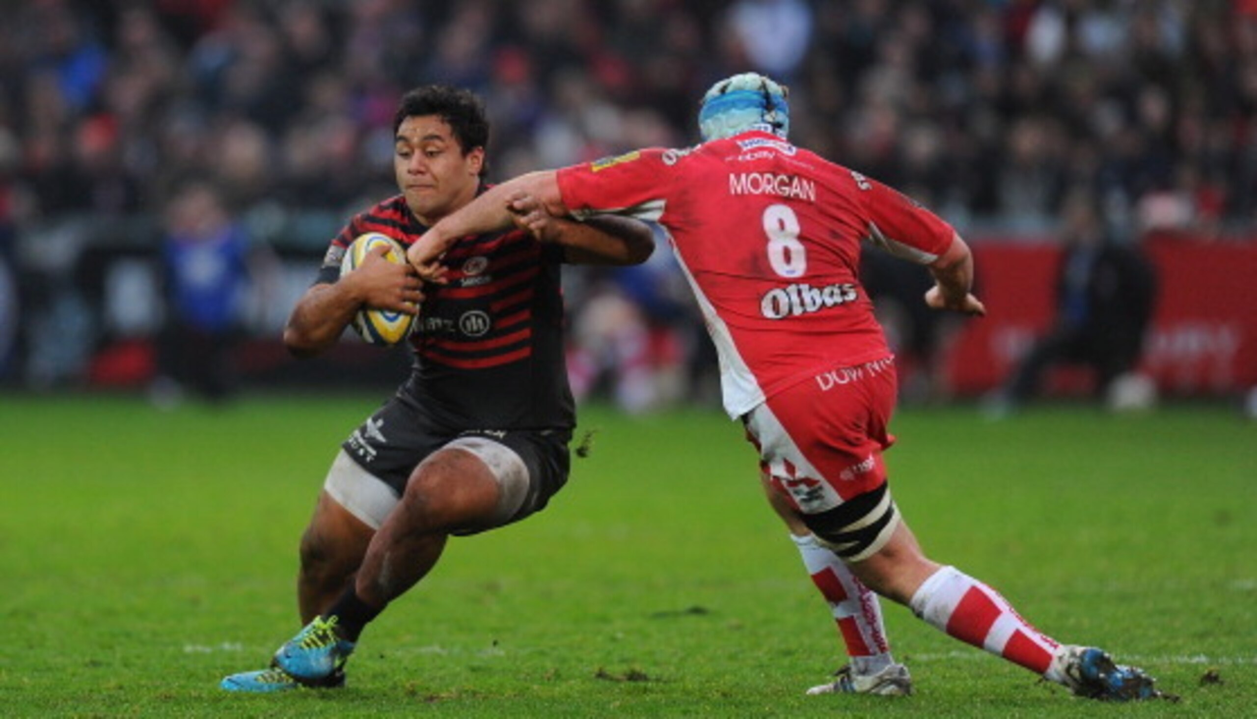 Saracens' Billy Vunipola (left) goes head to head with Ben Morgan of Gloucester. The two No. 8s will also have to fight off the competition from Nathan Hughes of Wasps.
