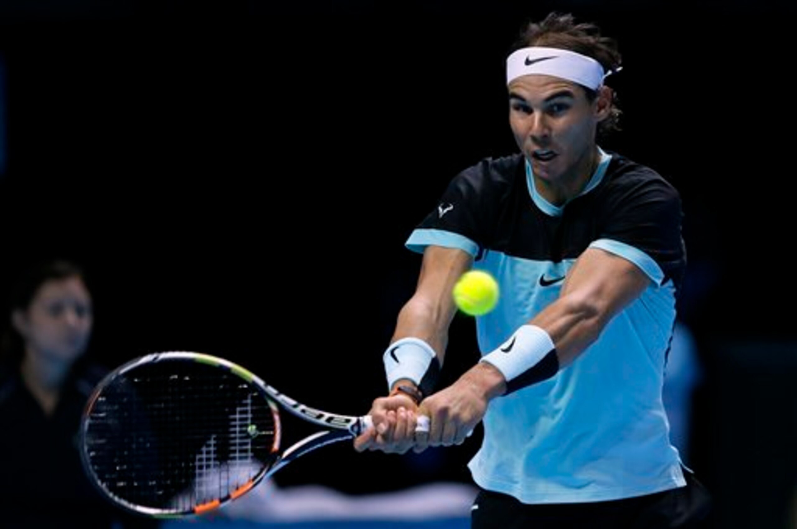 Rafael Nadal hits a backhand during the 2015 ATP World Tour finals in London.
