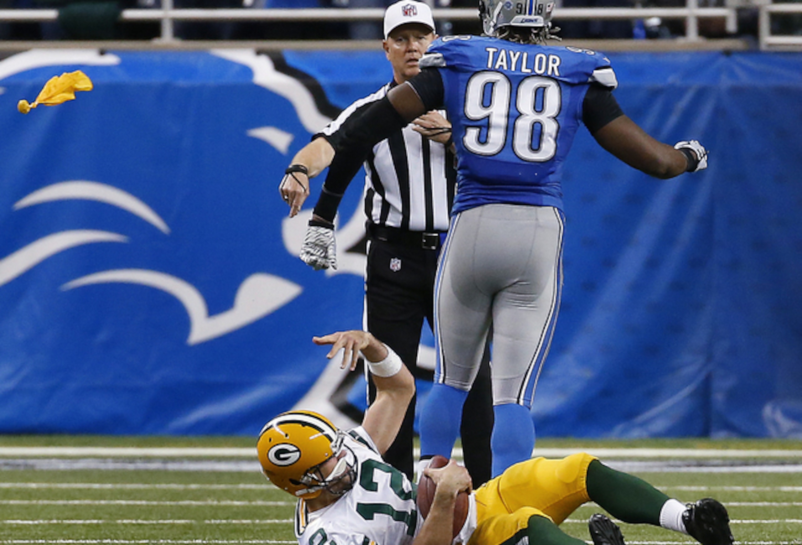 Devin Taylor's controversial facemask penalty on Aaron Rodgers extended the game. Devin Taylor's controversial facemask penalty on Aaron Rodgers extended the game.