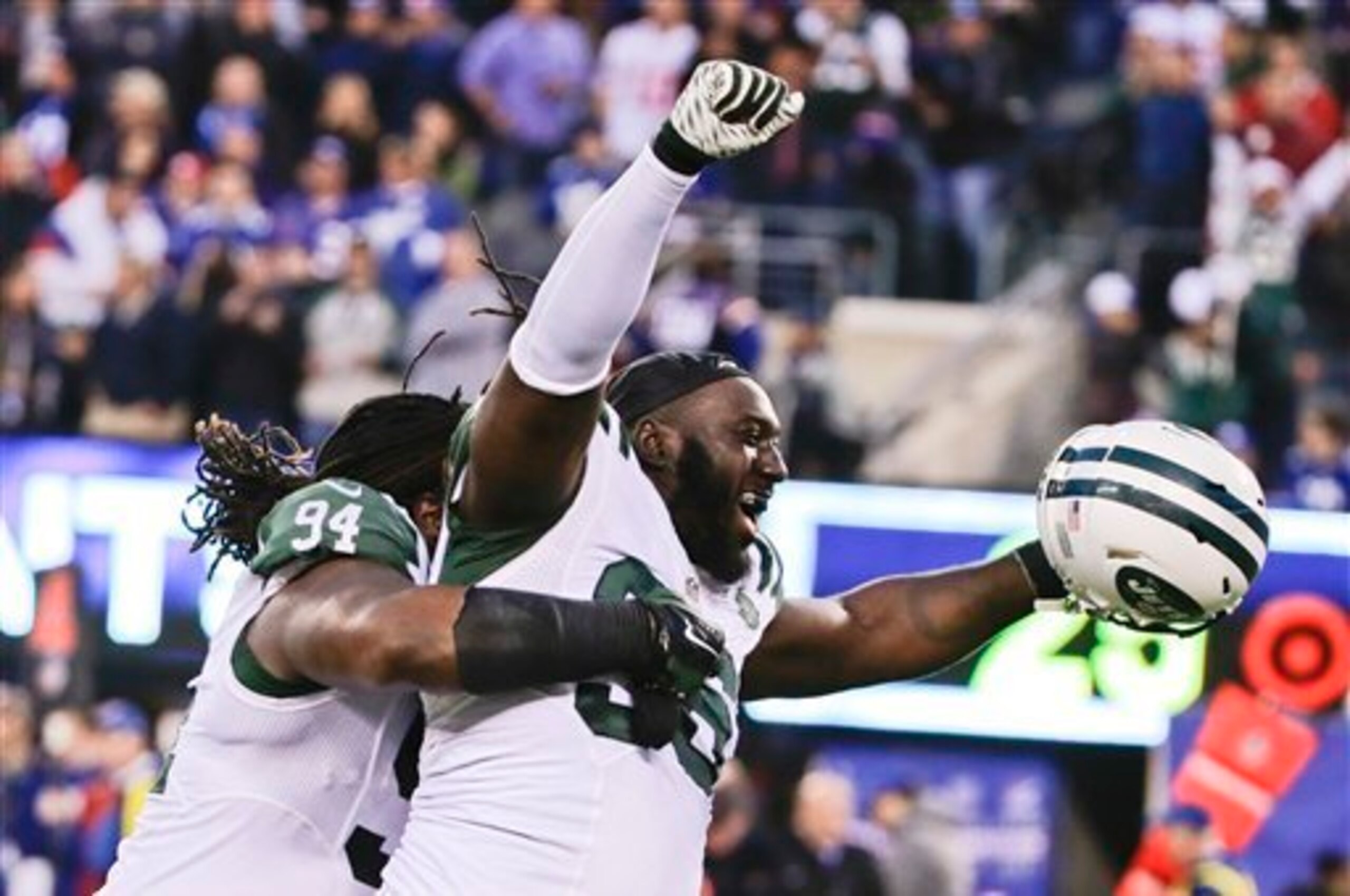 Muhammad Wilkerson celebrates Josh Brown's missed kick.