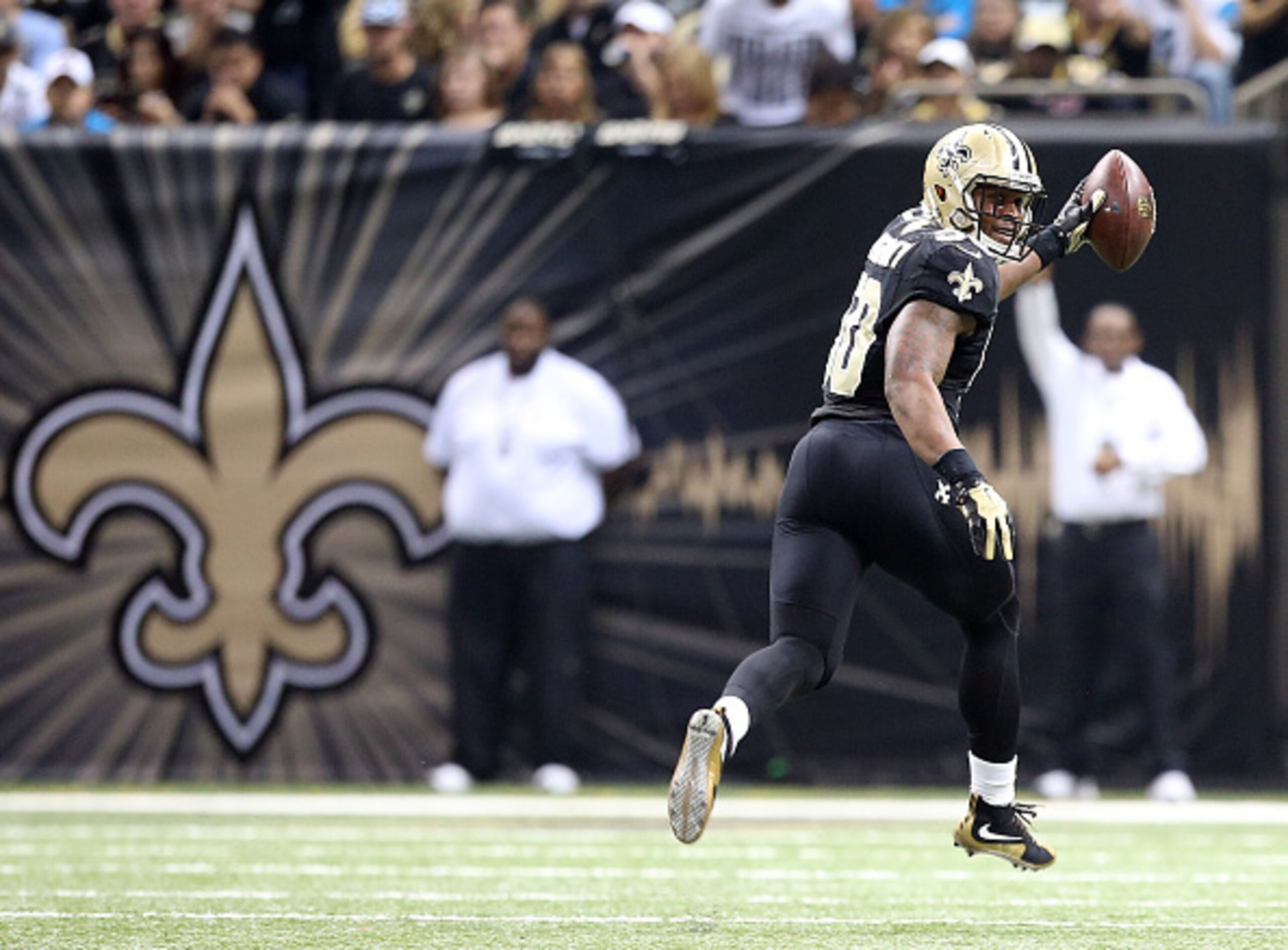 NEW ORLEANS, LA - DECEMBER 06:  Stephone Anthony #50 of the New Orleans Saints celebrates after scoring a touchdown on a fumble recovery against the Carolina Panthers at the Mercedes-Benz Superdome on December 6, 2015 in New Orleans, Louisiana.  (Photo by