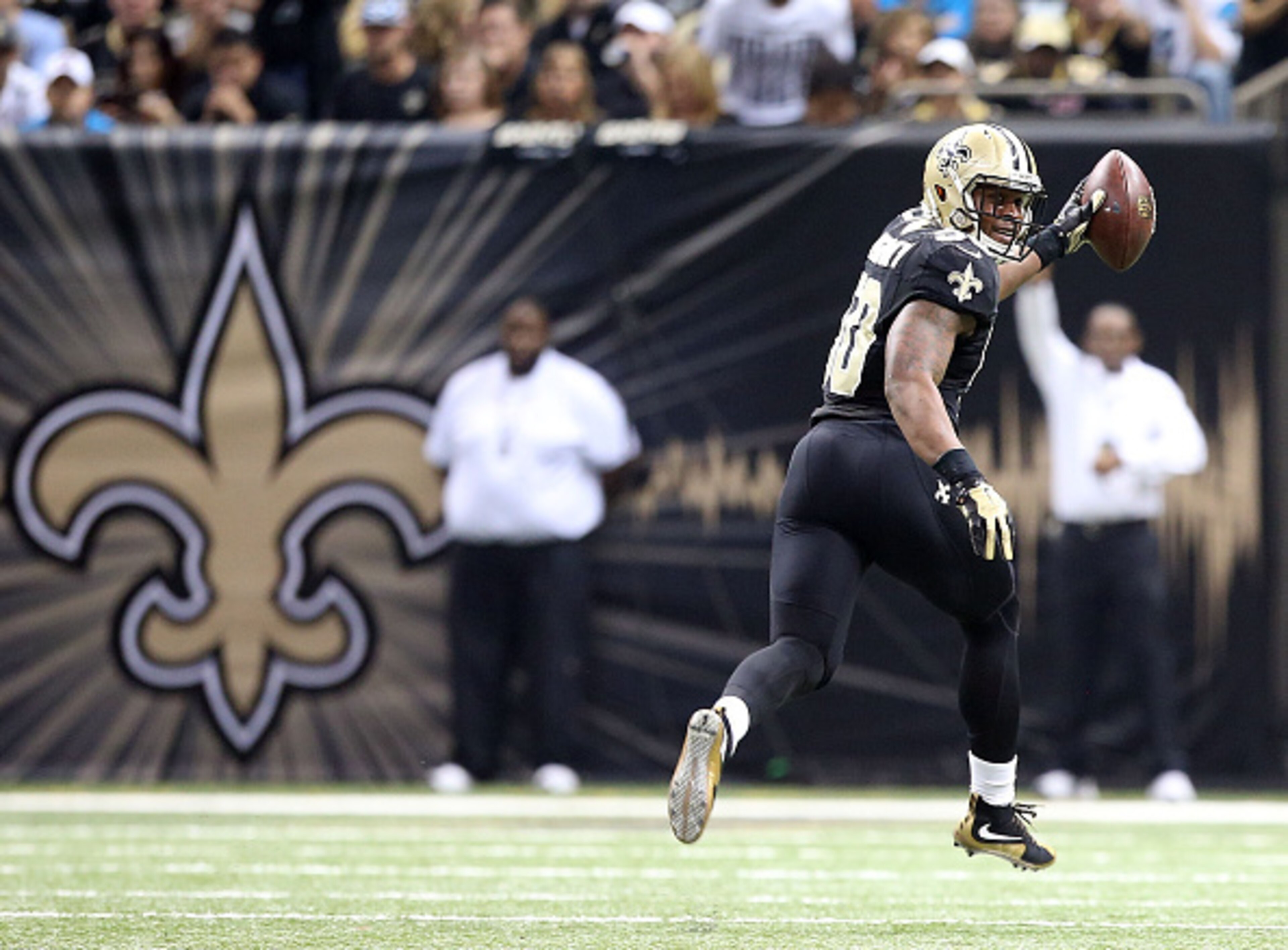 NEW ORLEANS, LA - DECEMBER 06:  Stephone Anthony #50 of the New Orleans Saints celebrates after scoring a touchdown on a fumble recovery against the Carolina Panthers at the Mercedes-Benz Superdome on December 6, 2015 in New Orleans, Louisiana.  (Photo by