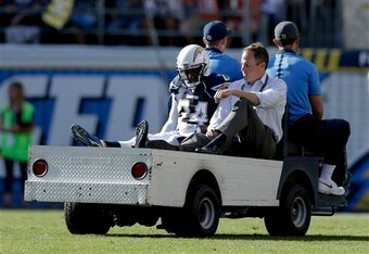 Chargers CB Brandon Flowers is carted off against Denver