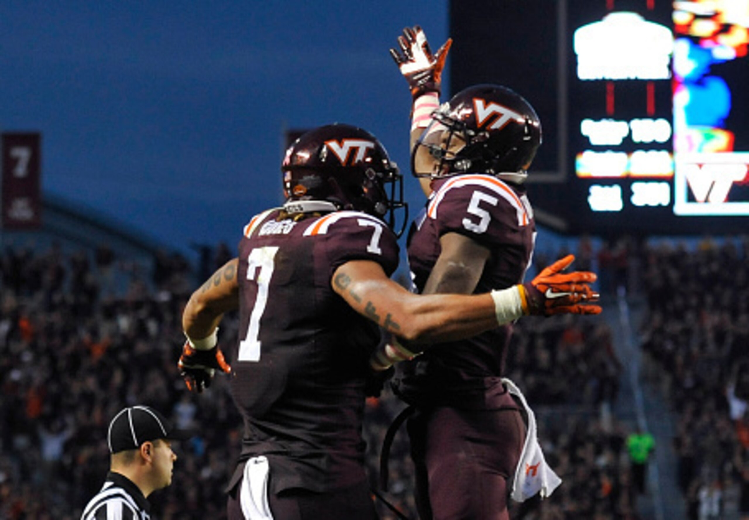 Bucky Hodges and Cam Phillips celebrate a touchdown.