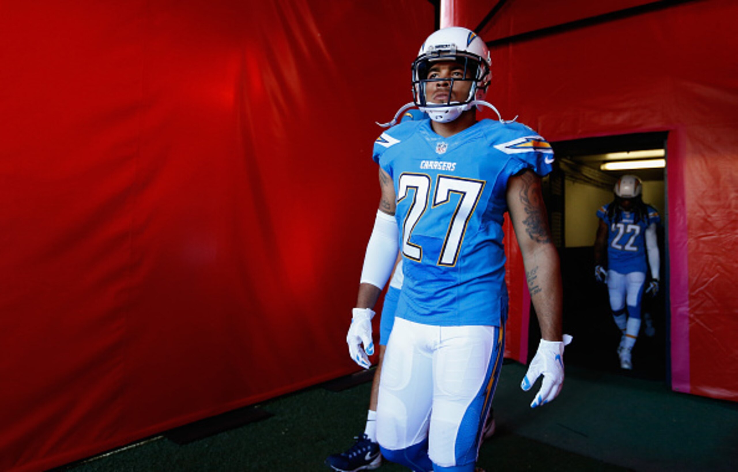 SAN DIEGO, CA - NOVEMBER 22: Jimmy Wilson #27 of the San Diego Chargers enters the stadium before a game against the Kansas City Chiefs at Qualcomm Stadium on November 22, 2015 in San Diego, California. (Photo by Sean M. Haffey/Getty Images)