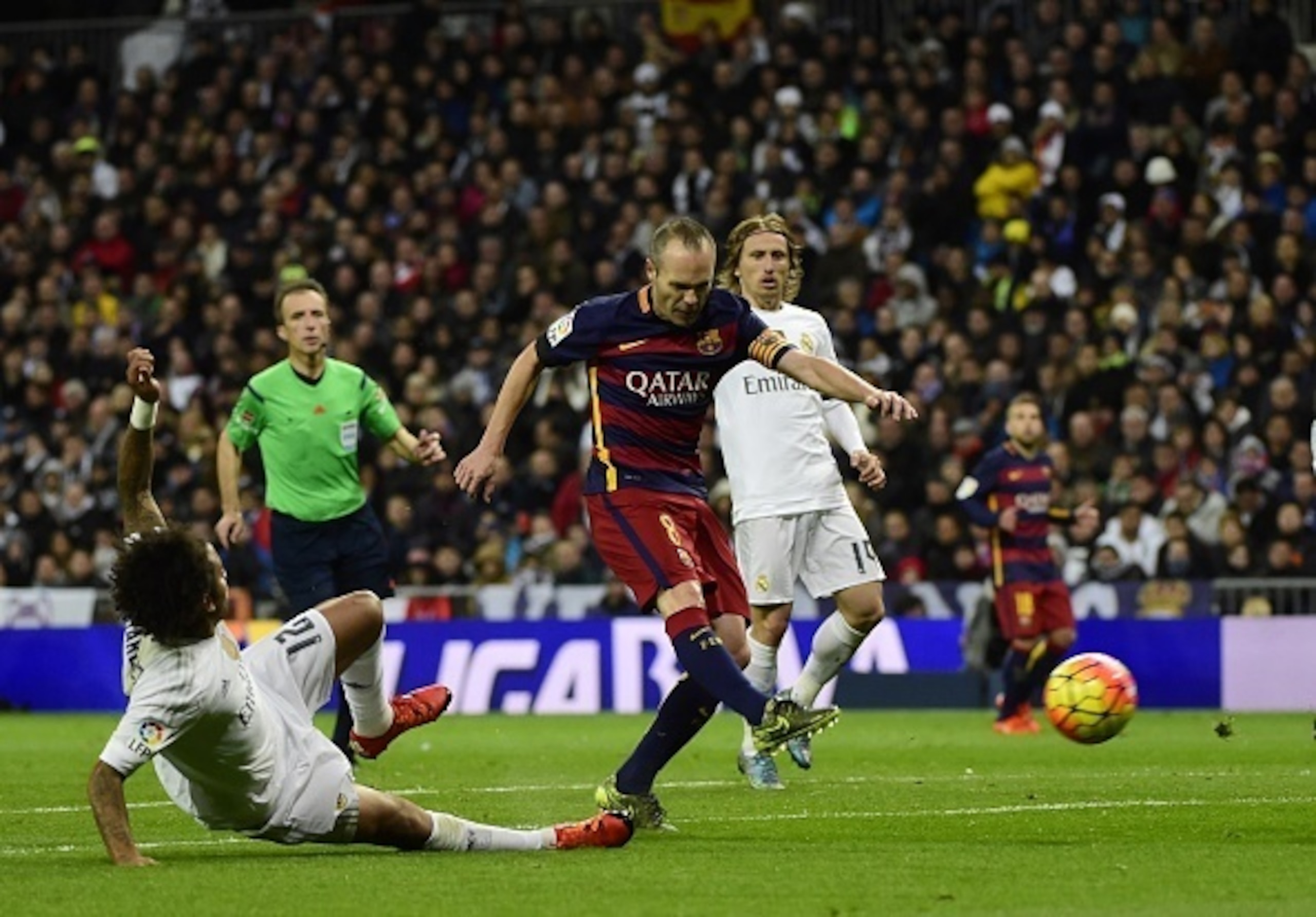 Andres Iniesta captained Barca to a sensational victory in the Santiago Bernabeu. Andres Iniesta captained Barca to a sensational victory in the Santiago Bernabeu.