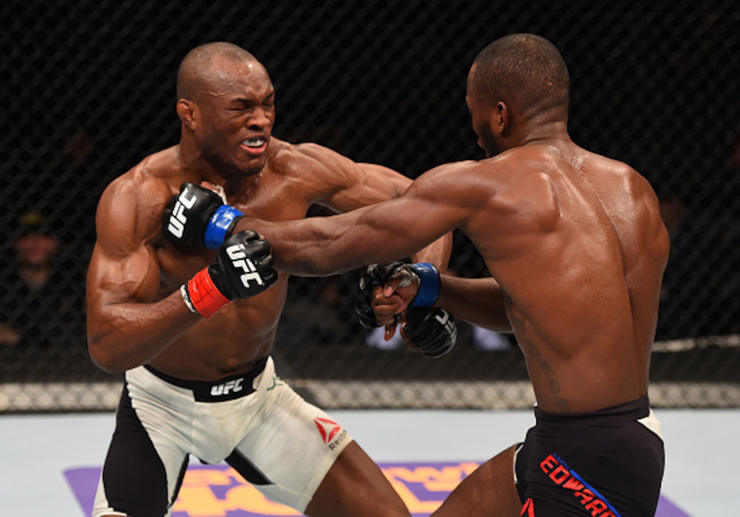 Kamaru Usman (left) defeated Leon Edwards on the undercard.