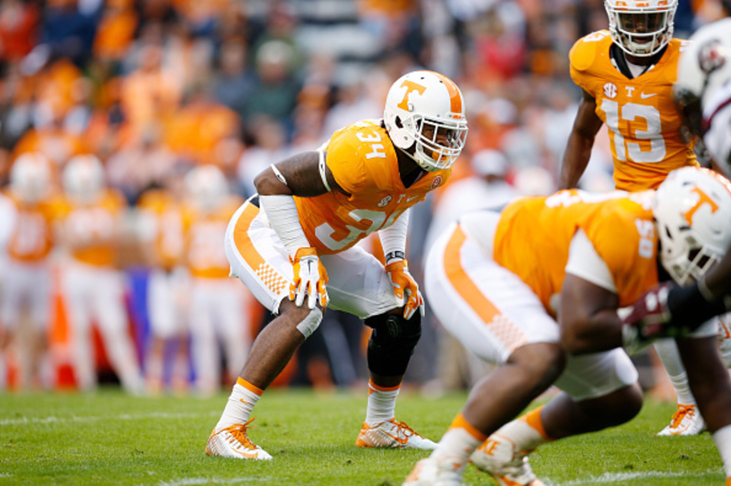 KNOXVILLE, TN - NOVEMBER 7: Darrin Kirkland Jr. #34 of the Tennessee Volunteers in action against the South Carolina Gamecocks during a game at Neyland Stadium on November 7, 2015 in Knoxville, Tennessee. Tennessee defeated South Carolina 27-24. (Photo by