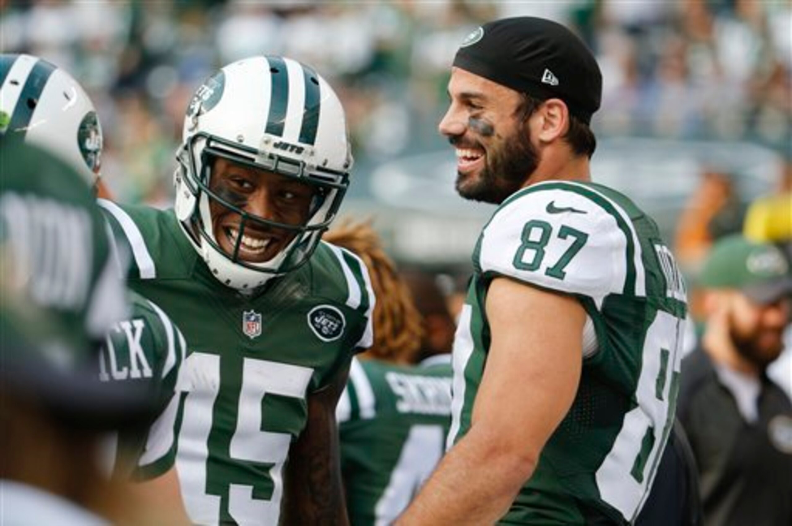 Eric Decker (right) celebrates with Brandon Marshall (left).