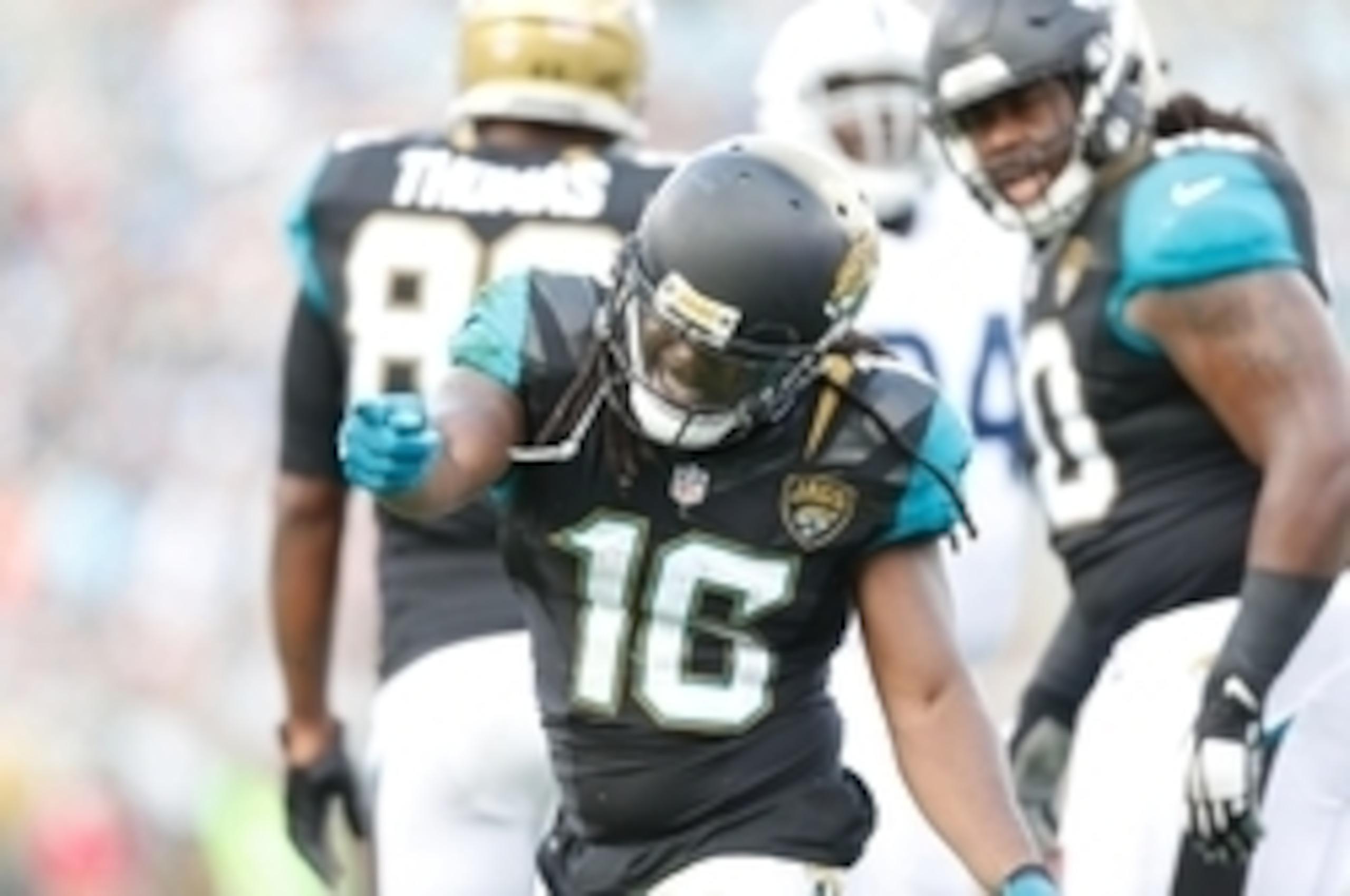 Dec 13, 2015; Jacksonville, FL, USA; Jacksonville Jaguars running back Denard Robinson (16) celebrates against the Indianapolis Colts in the third quarter at EverBank Field. The Jaguars won 51-16. Mandatory Credit: Jim Steve-USA TODAY Sports