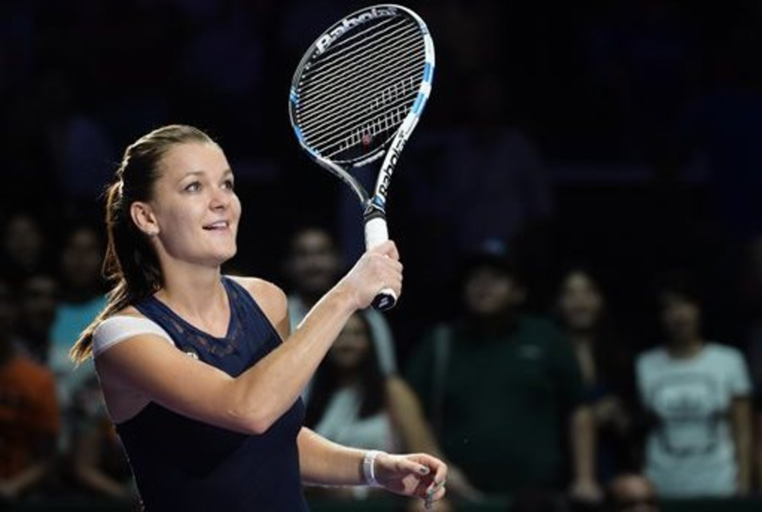 Agnieszka Radwanska celebrates a win at the 2015 WTA Tour Championships in Singapore.